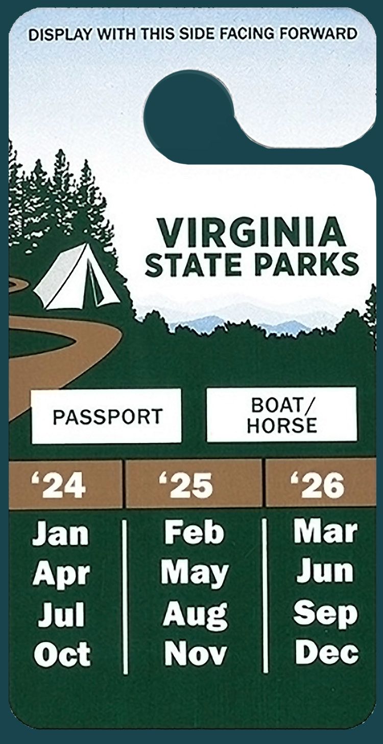 A graphic of a car tag which reads "Display with this side facing forward Virginia State Parks Passport Boat/Horse" and displays years 2024 through 2026 and months January through December