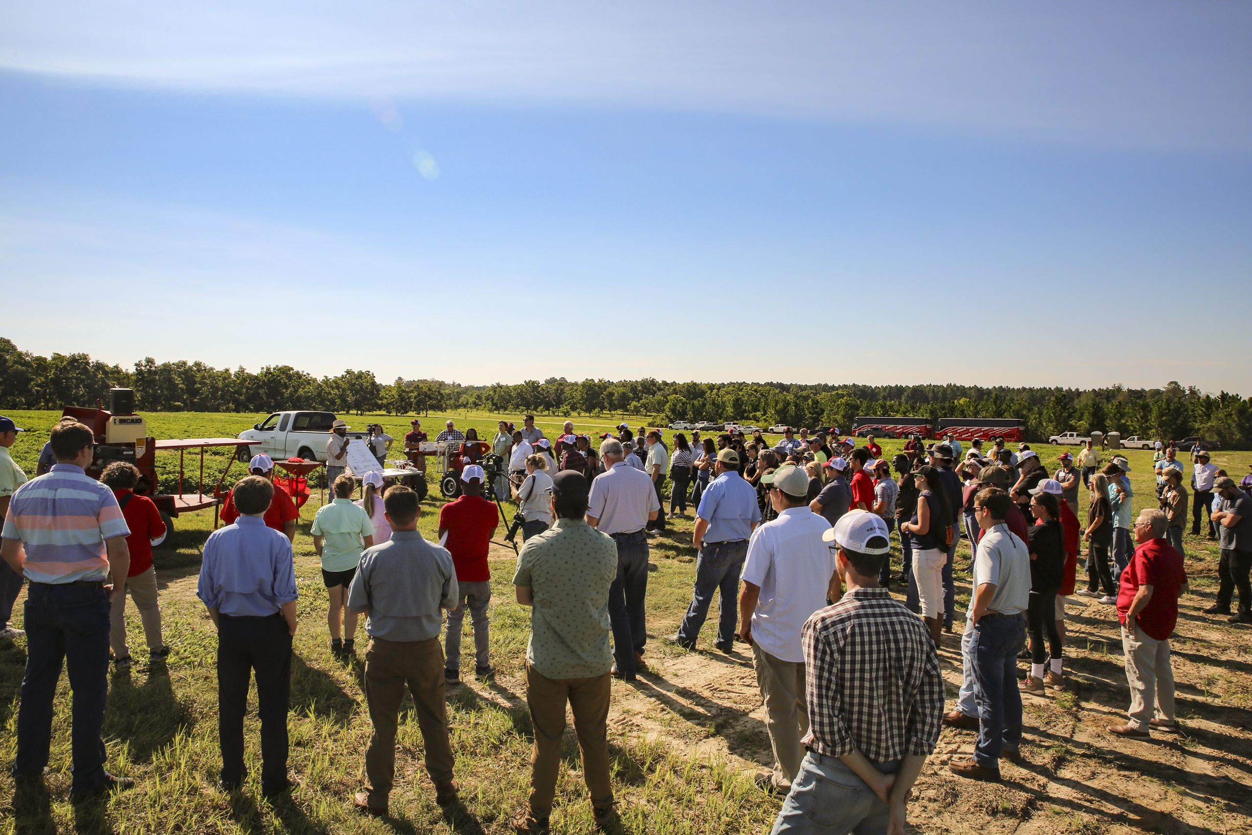 A crowd of participants listen to UGA peanut researcher Nino Brown in a peanut field during the 2022 Georgia Peanut Tour.