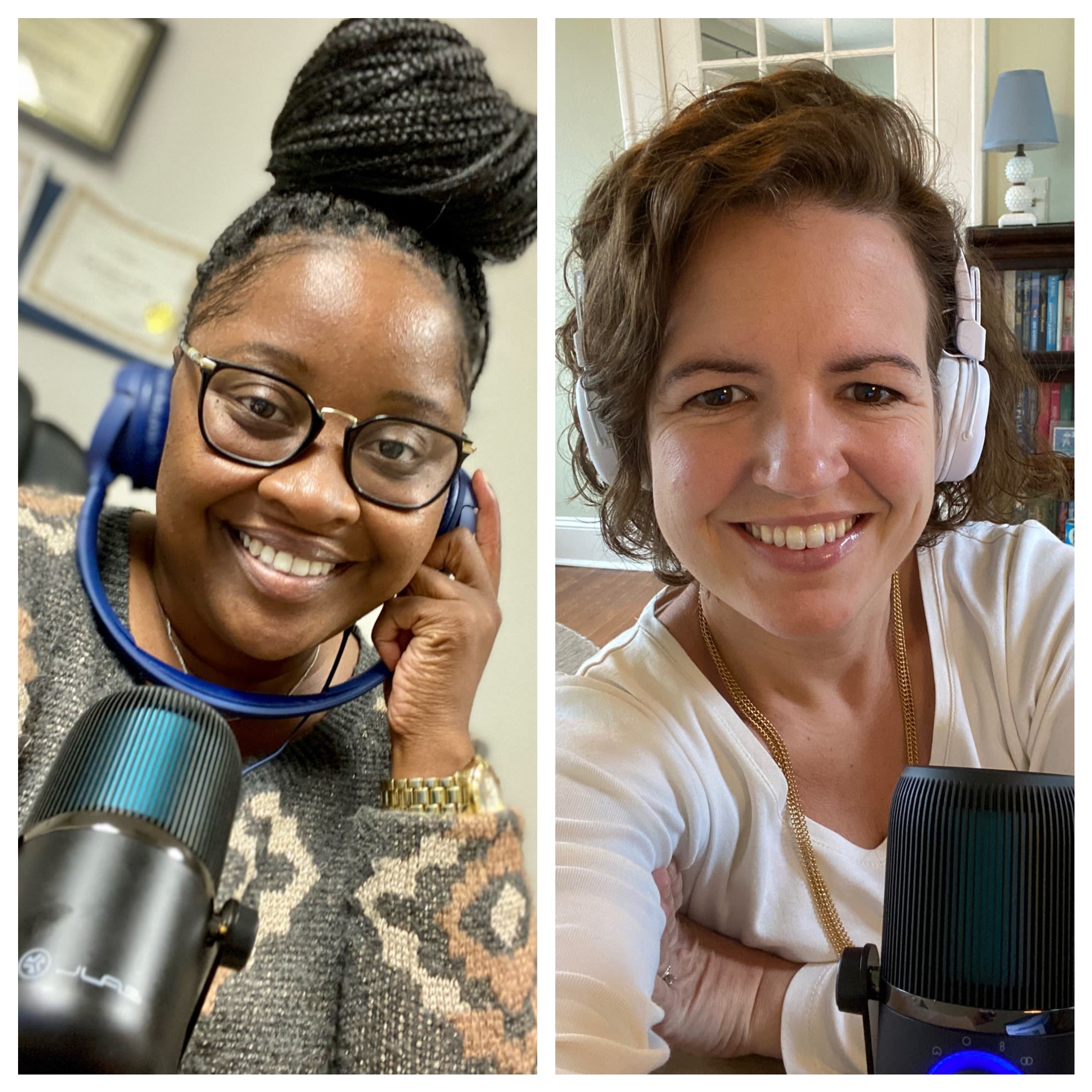 Portrait photos of Leslie Weaver Thomas and Carrie Vanderver at their podcast recording setups.