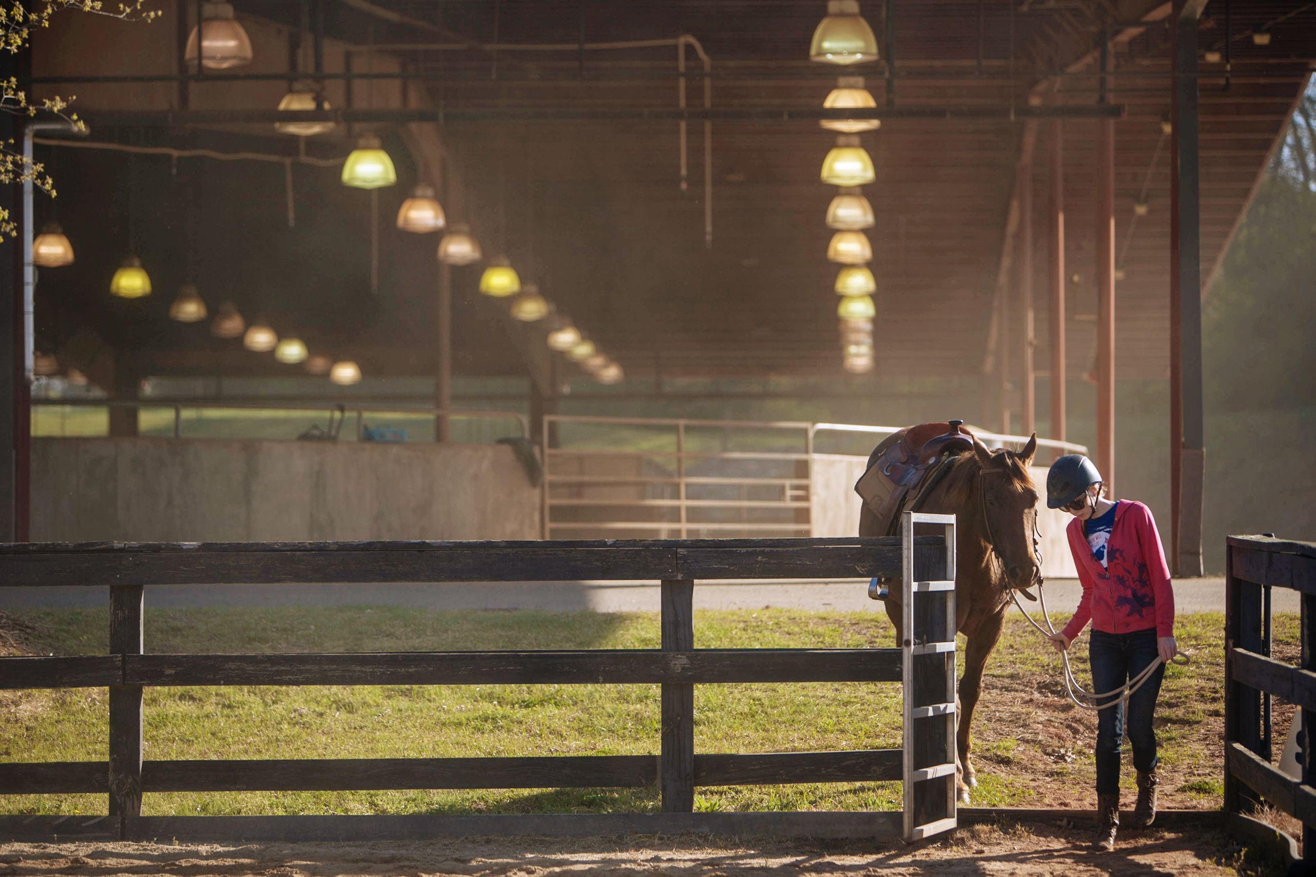 A student leads a horse out of a covered paddock