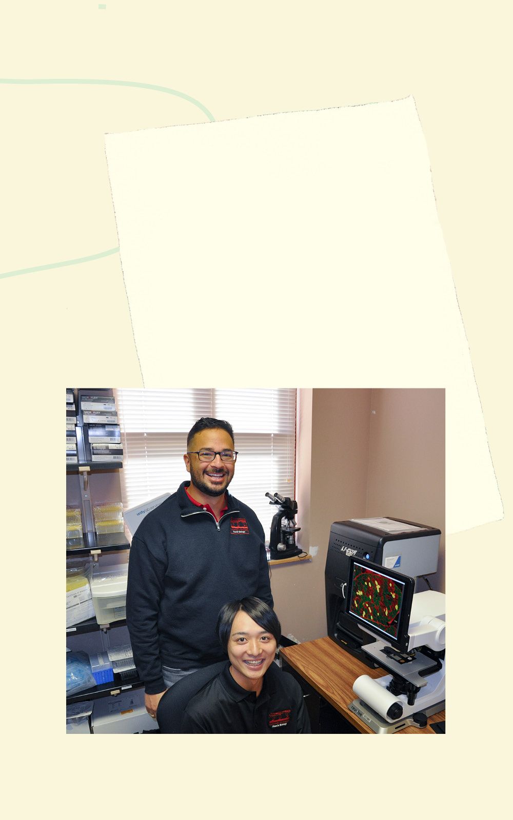 Photo of Taketo Haginouchi and John Michael Gonzalez in a lab next to a computer, imposed over an illustrated paper