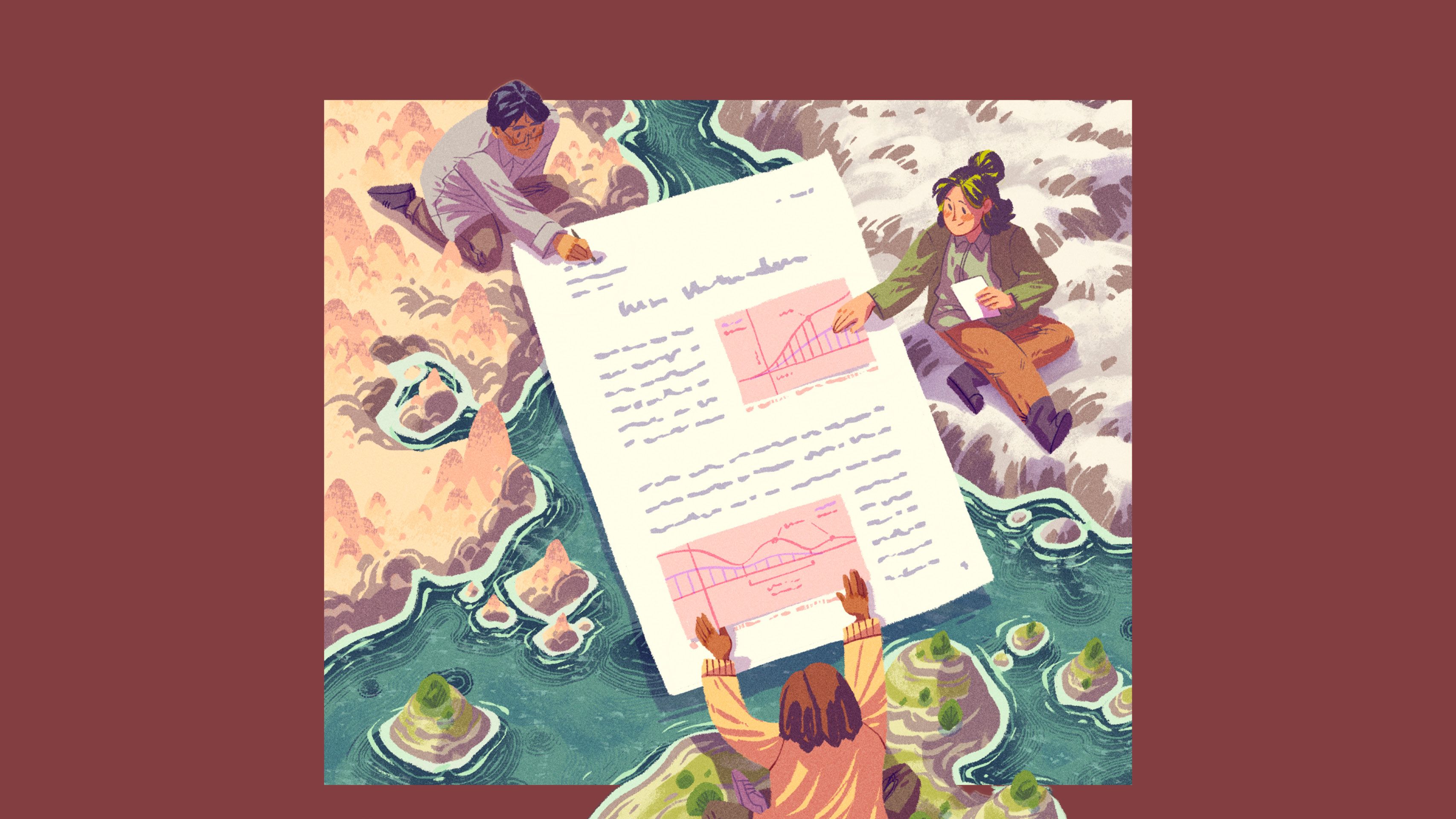 Research paper with three figures reaching out to work on it from different sides