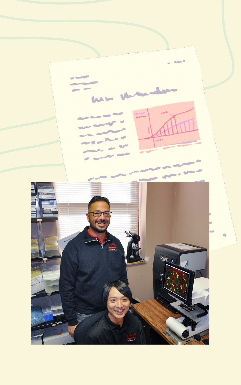 Photo of Taketo Haginouchi and John Michael Gonzalez in a lab next to a computer, imposed over an illustrated paper. A graph appears on the paper.