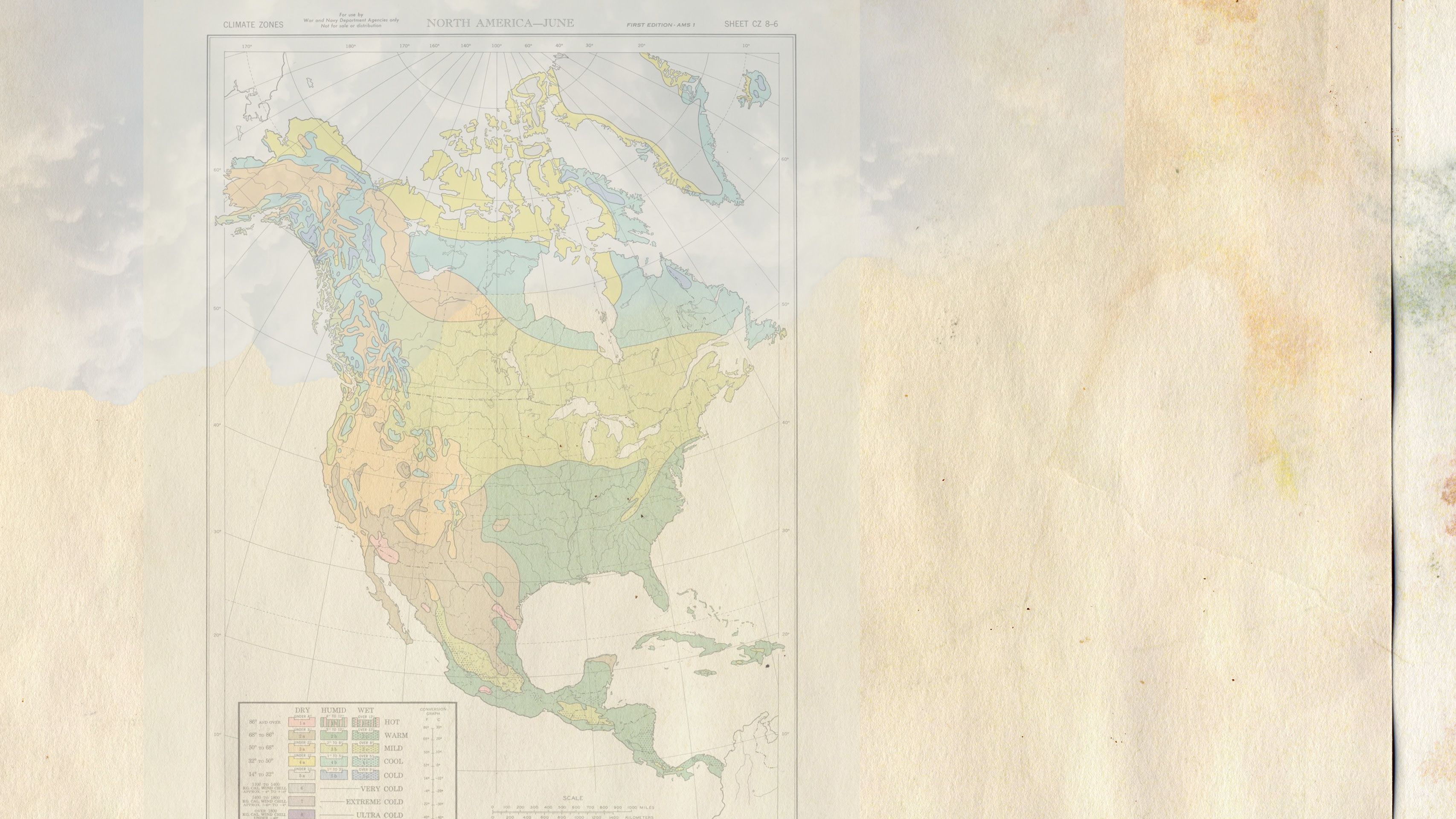 A map of North America appears over the clouds and paper background