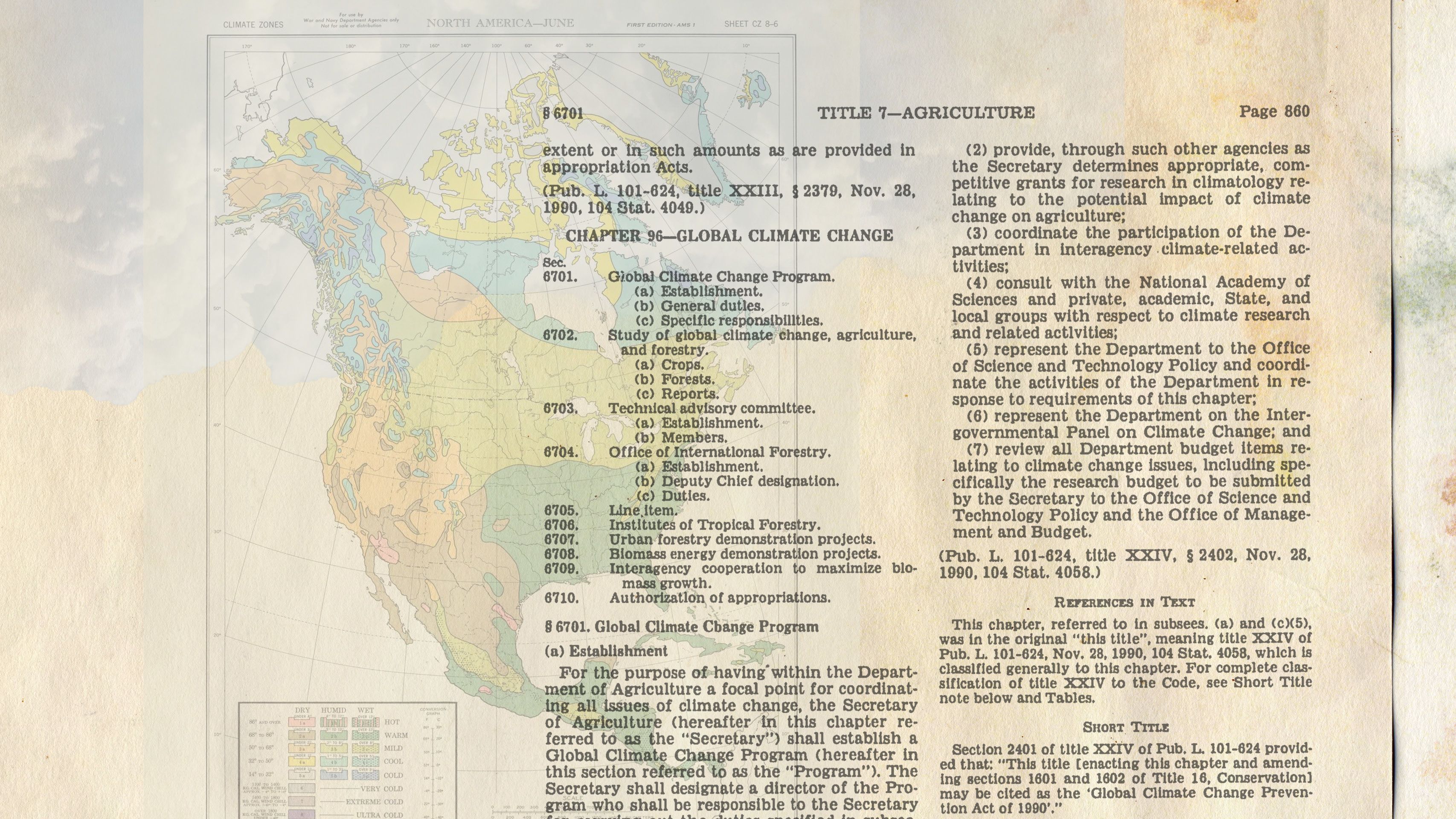 Text of a Department of Agriculture document about agriculture and climate change appears over the map of North America.
