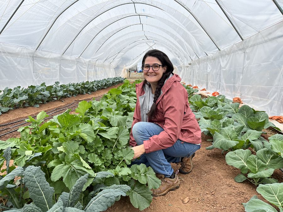 Kate Cassity-Duffey crouches in a greenhouse beside rows of greens