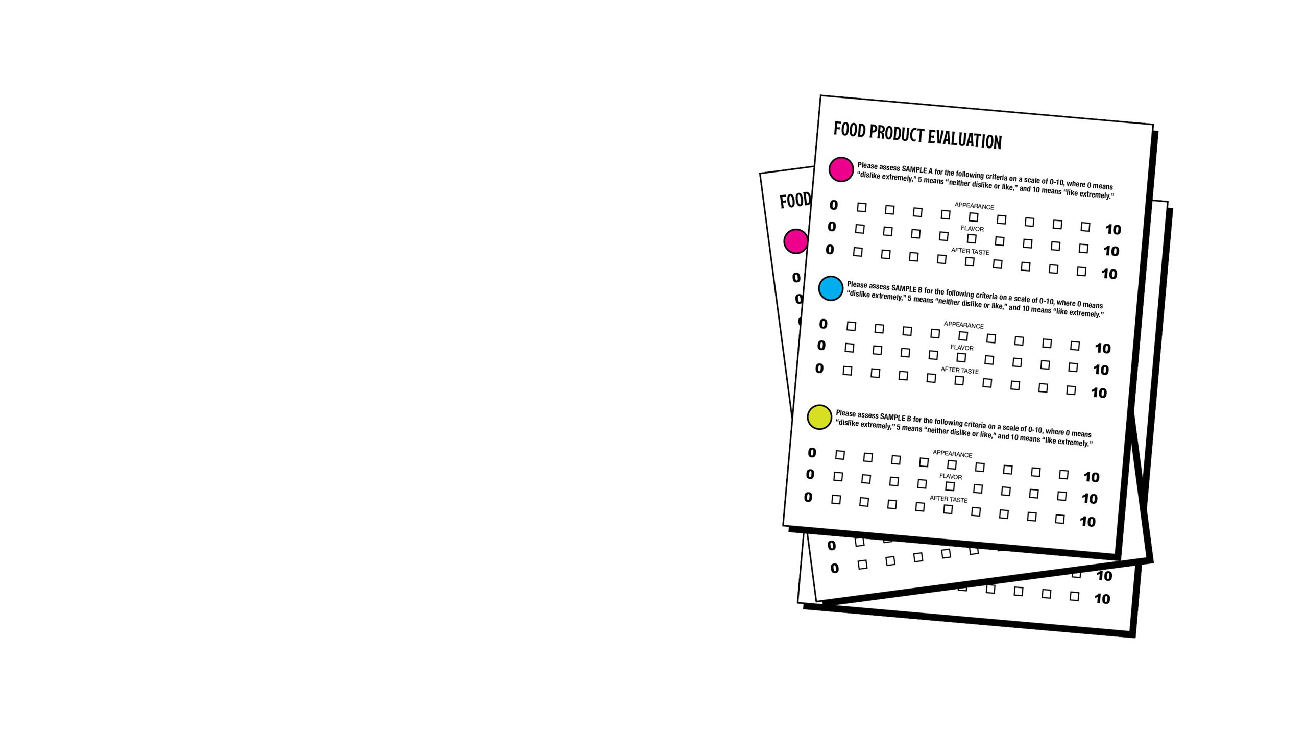 Blank food product evaluation form with three categories of three criteria to rank 0-10