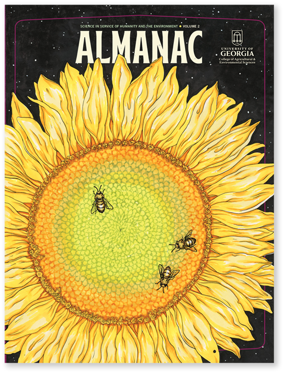 Illustrated magazine cover featuring a honeybees on a sunflower, amid a black starry sky