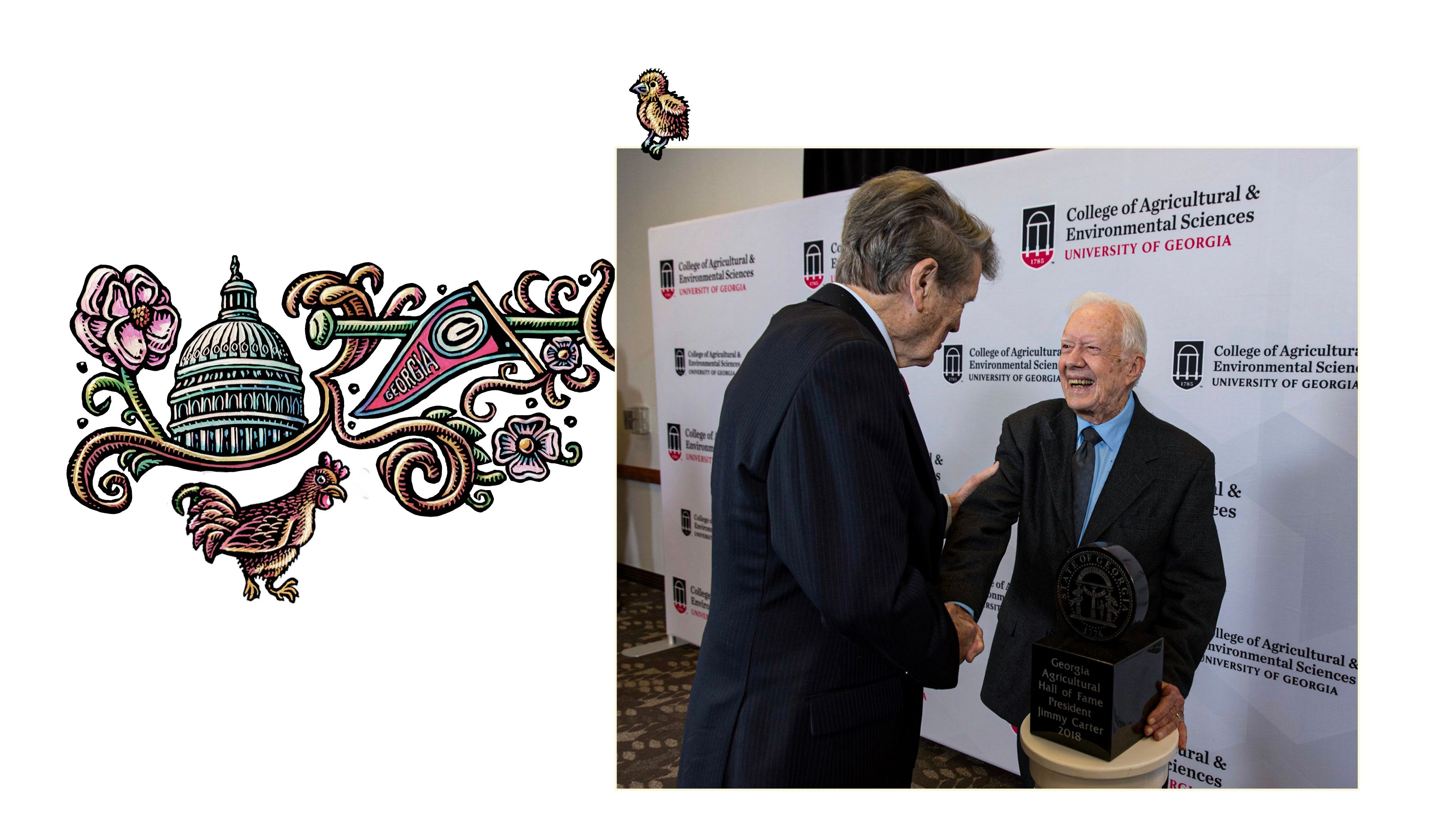 Massey and Jimmy Carter shake hands at the Georgia Agricultural Hall of Fame induction. The photo is surrounded by a border made up of chickens, a UGA pennant, and the Capitol building.