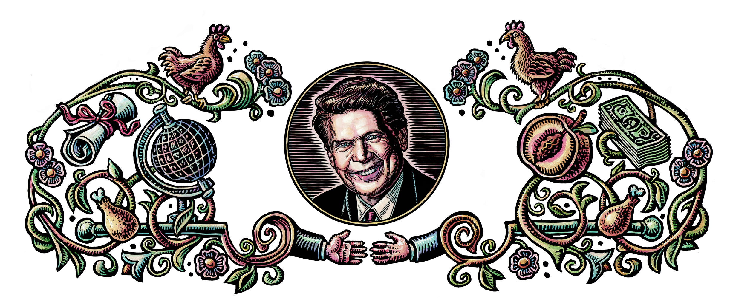 Illustrated portrait of Massey surrounded by a decorative border featureing chickens, drumsticks, a peach, and a globe. Below his portrait, each side of the border has a hand reaching out to shake the other.