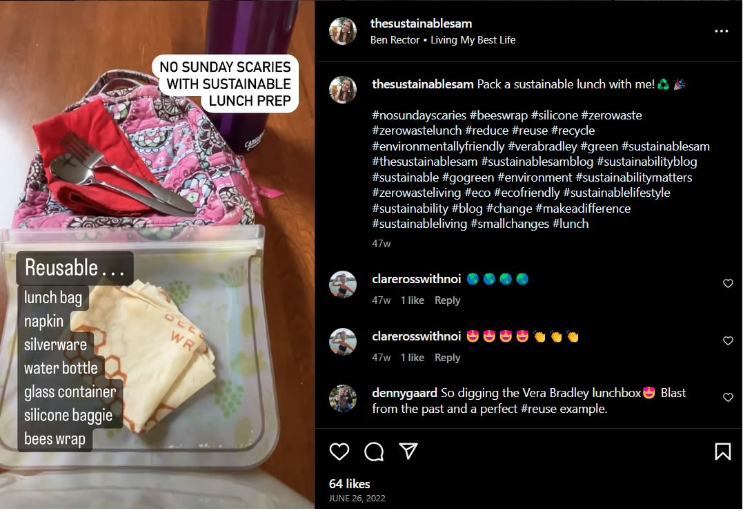Instagram post about packing lunches sustainably
