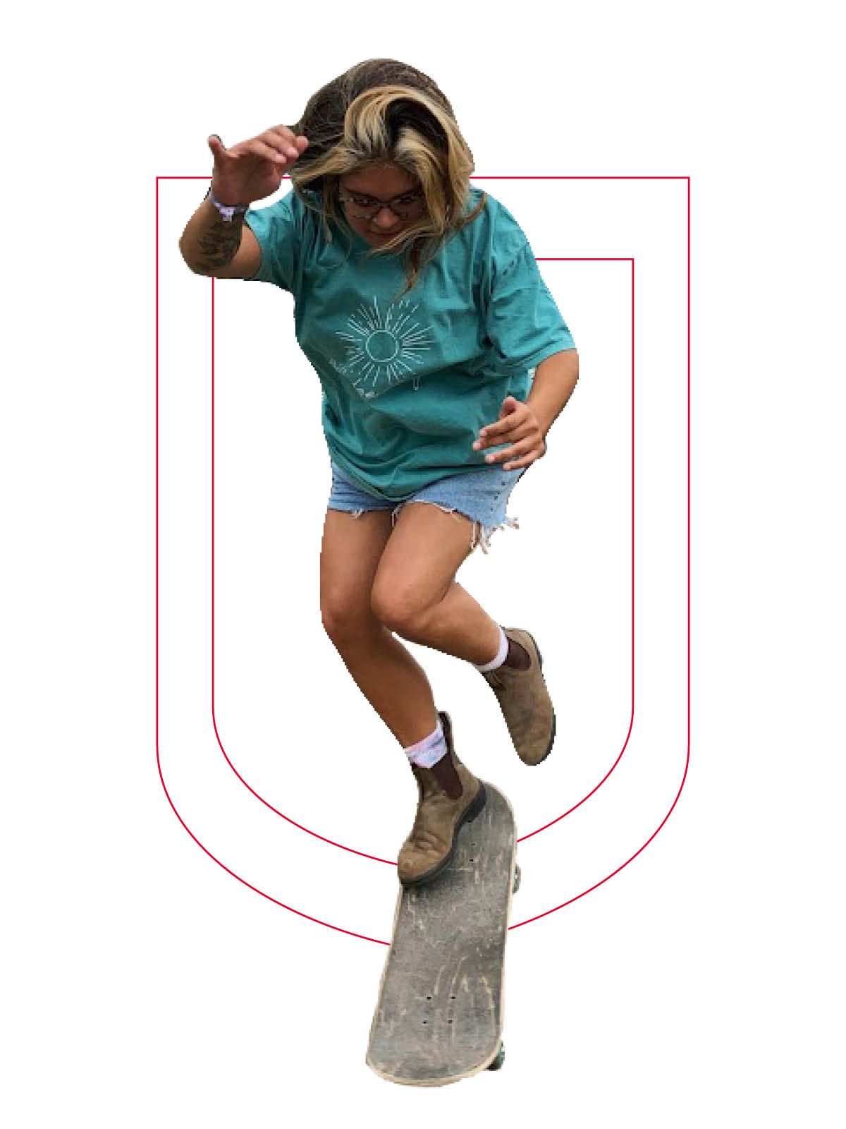 Agent in mid-air on skateboard.