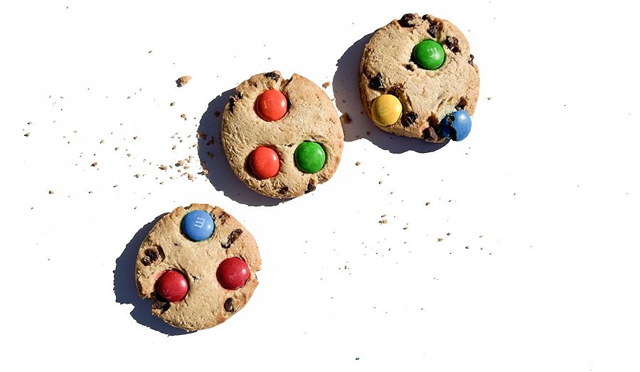 M&M cookies on a white background