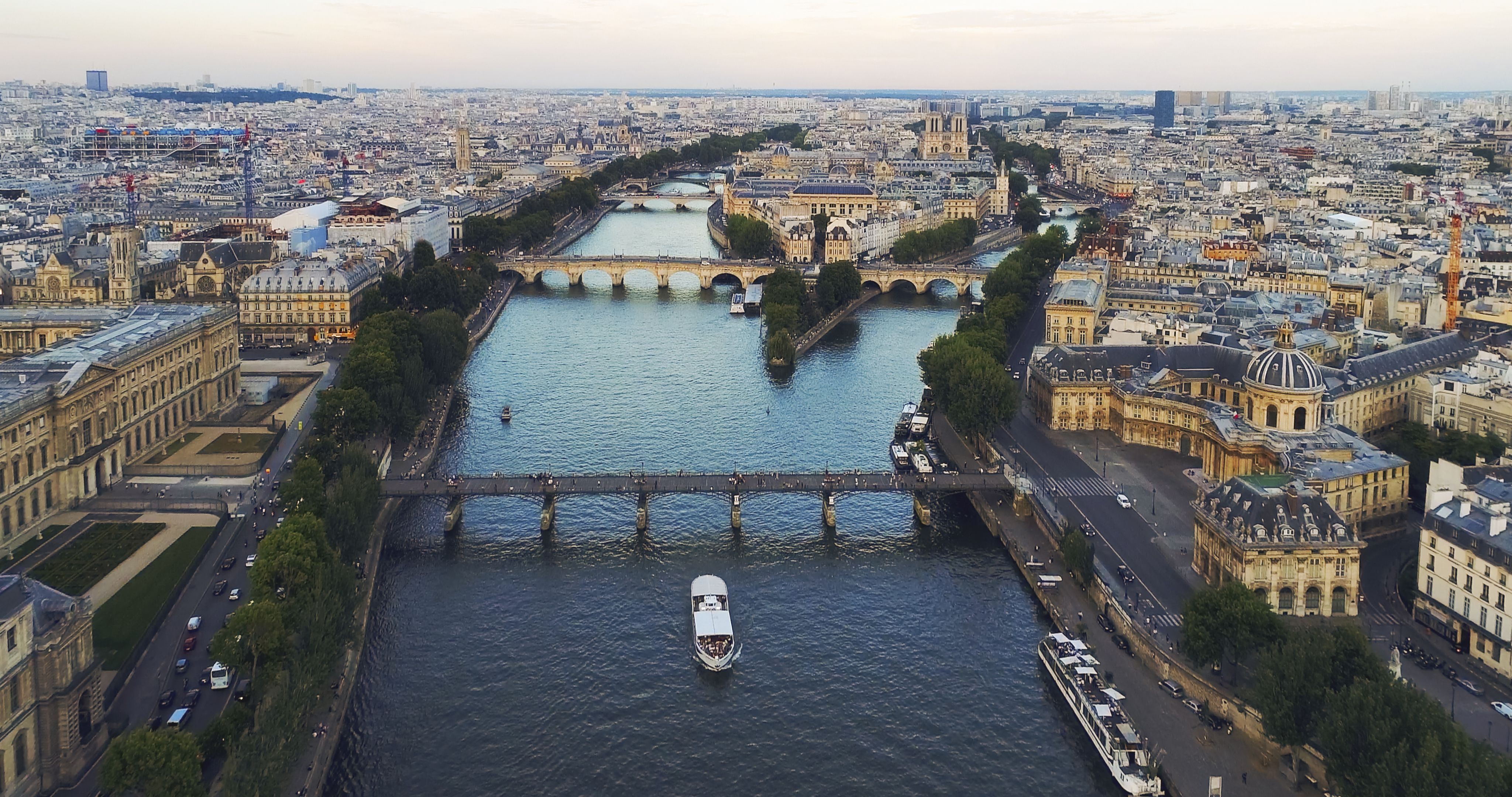 Paris skyline aerial with Seine river
