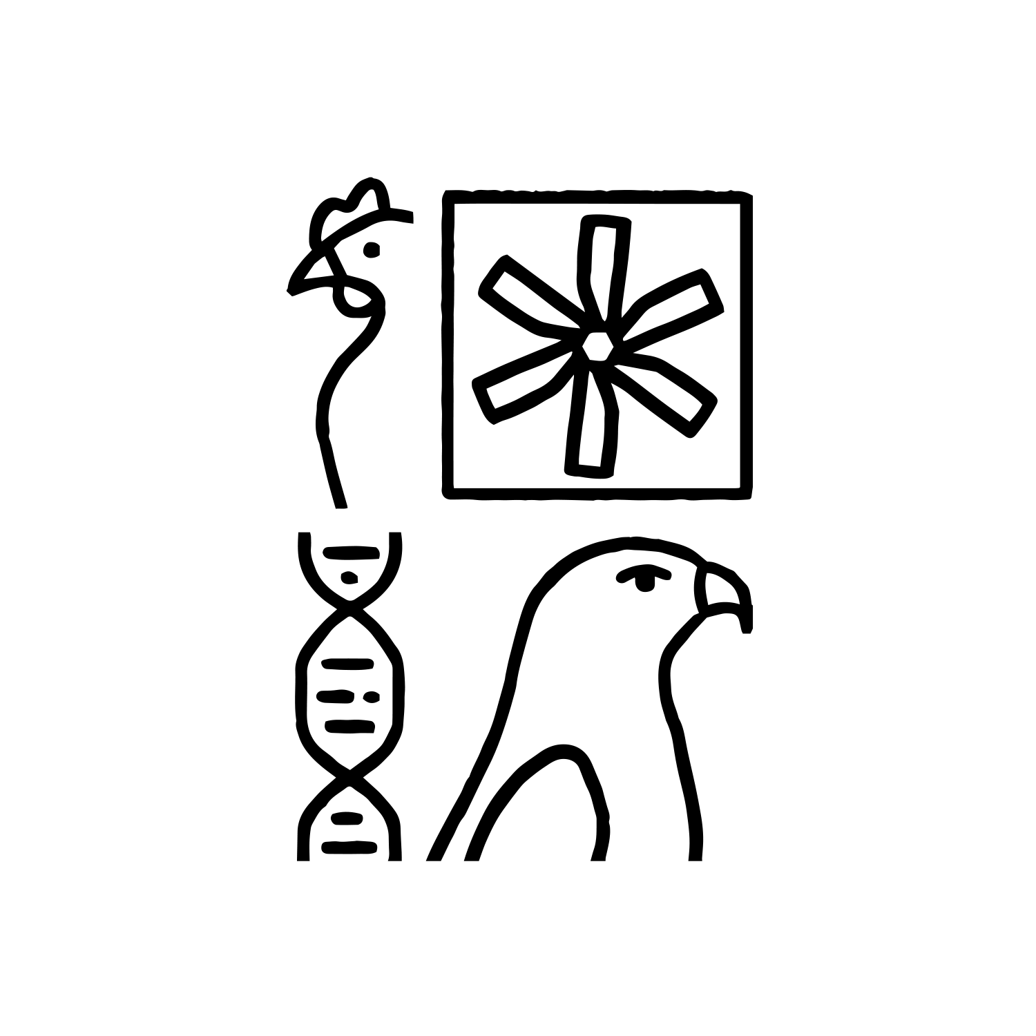 Illustration representing poultry science, including a DNA double helix, chicken, cooling fan, and hawk