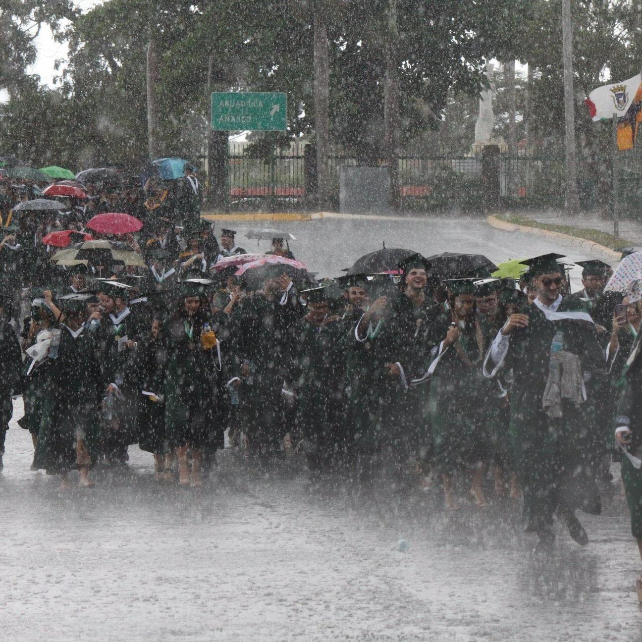 Graduates holding umbrellas smile and laugh in the rain