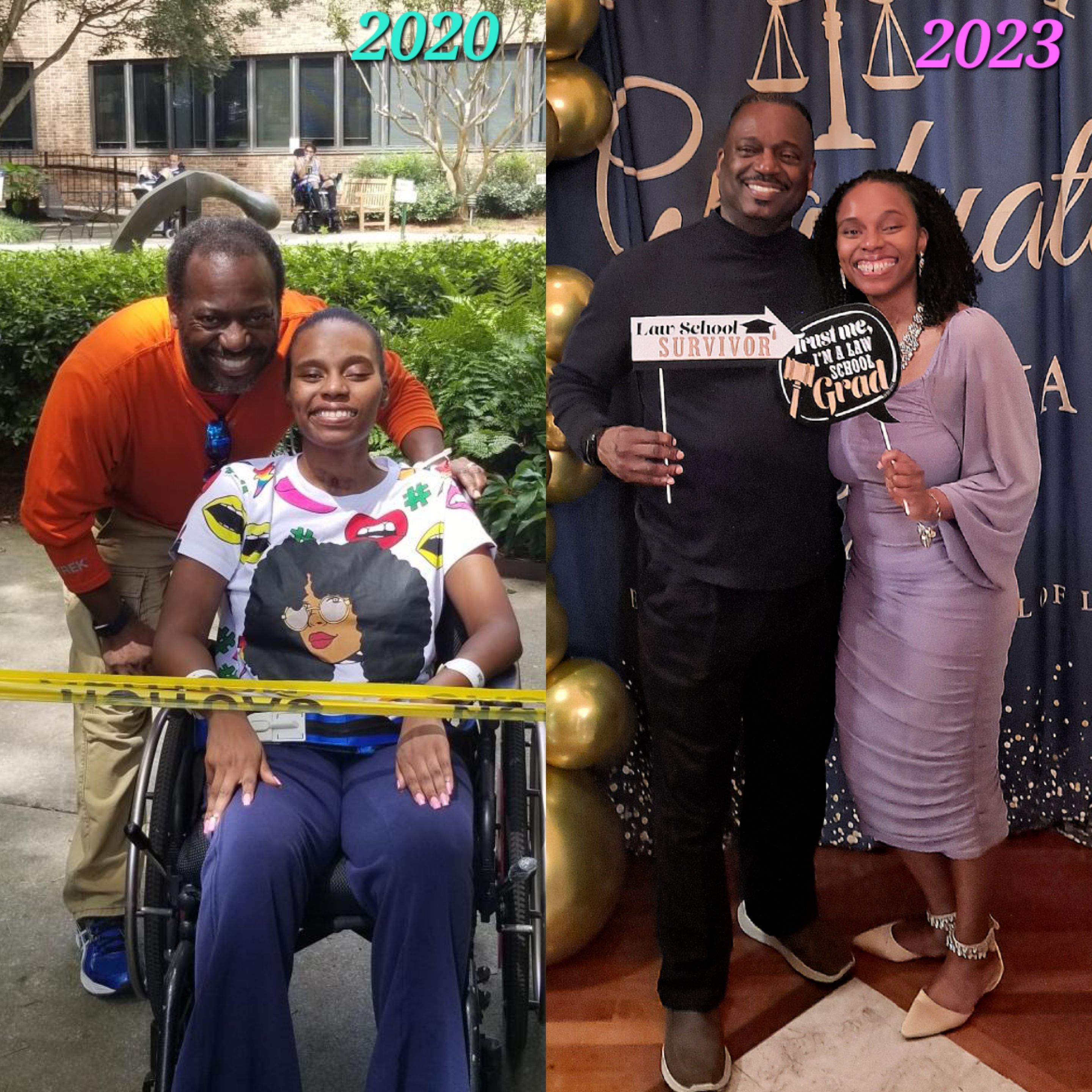 A split photo shows Phyllicia Thomas in a wheelchair with her father behind her on the left and both of them standing in front of a banner celebrating her law school graduation in December 2023.