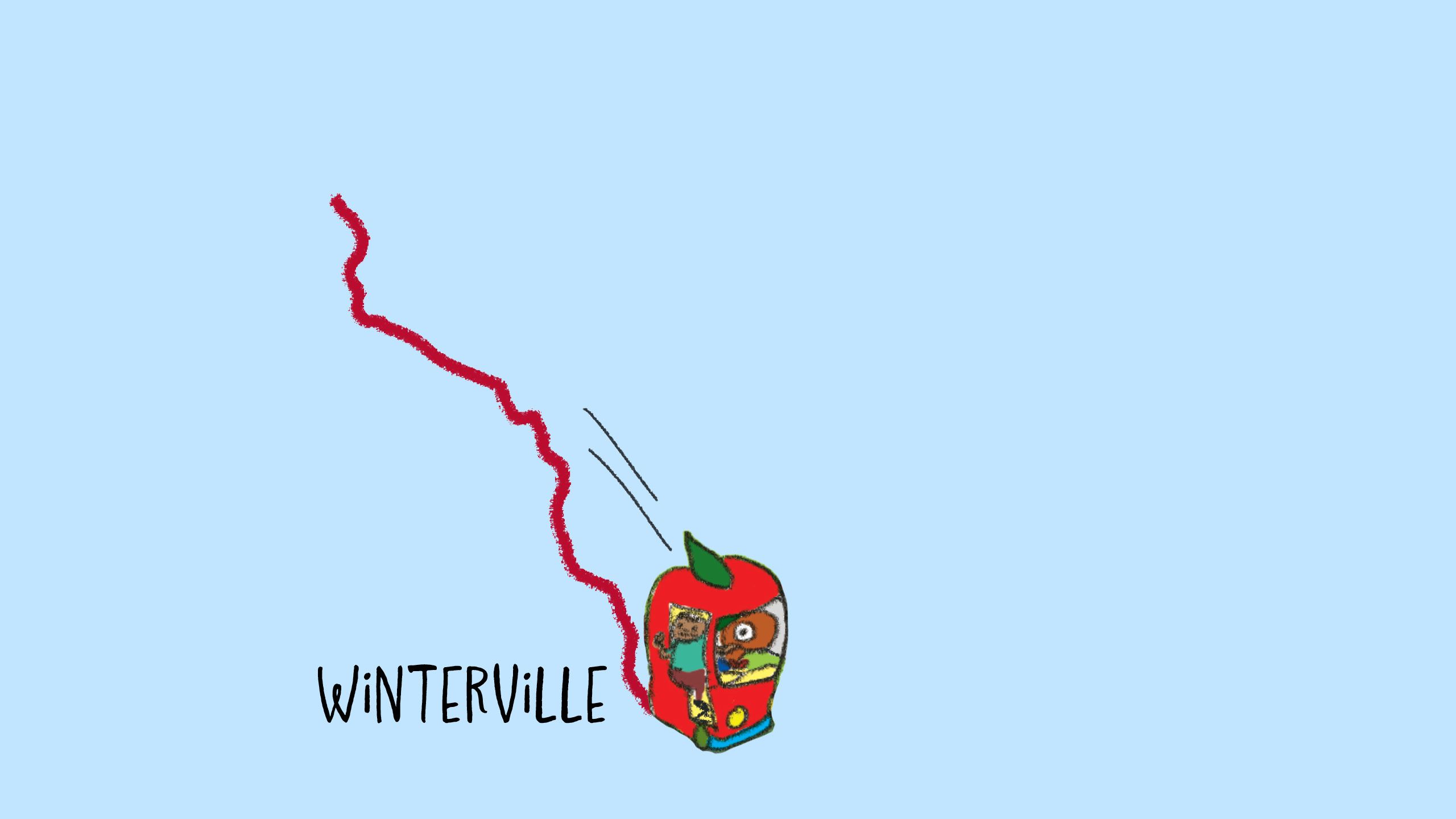 A cartoon apple-shaped car carrying passengers travels along a winding red path on a map, marking a journey between Blairsville and Winterville.