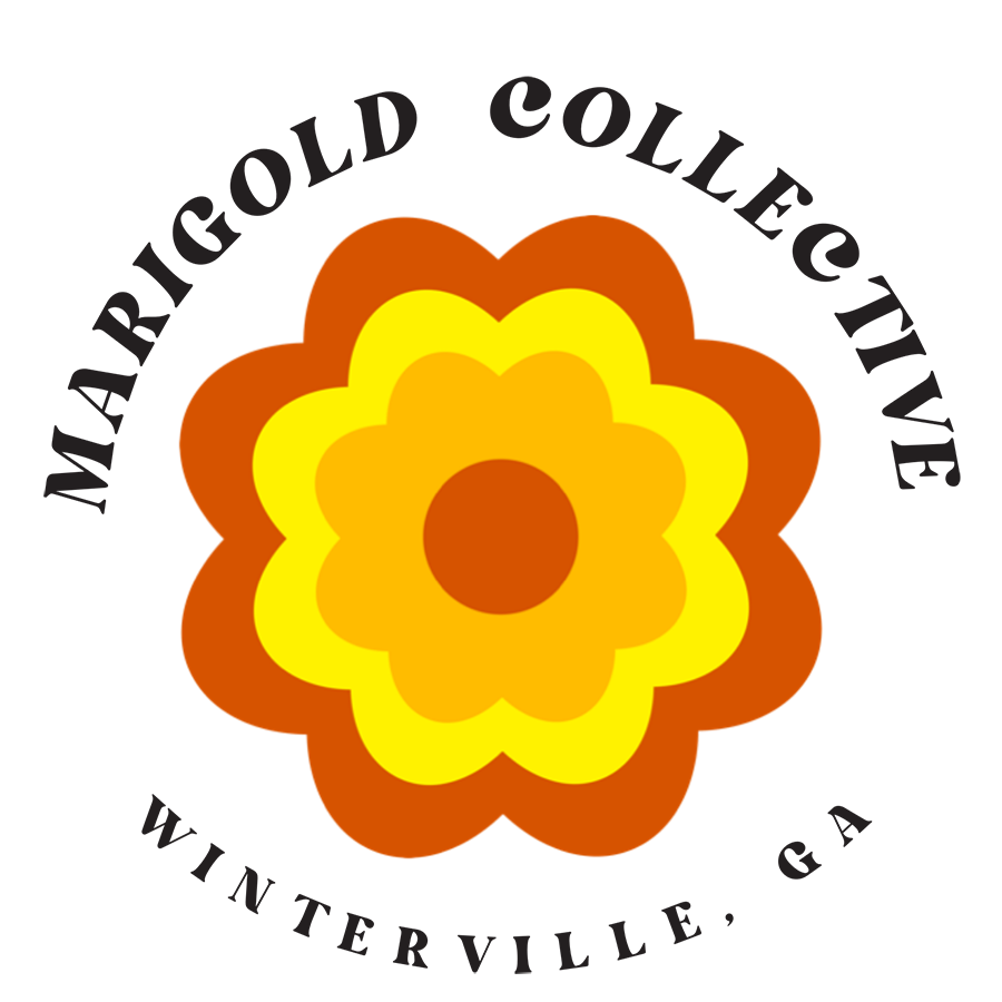 Logo for the Marigold Collective in Winterville, GA, featuring a stylized layered marigold flower in shades of orange and yellow with the organization’s name curved around it.