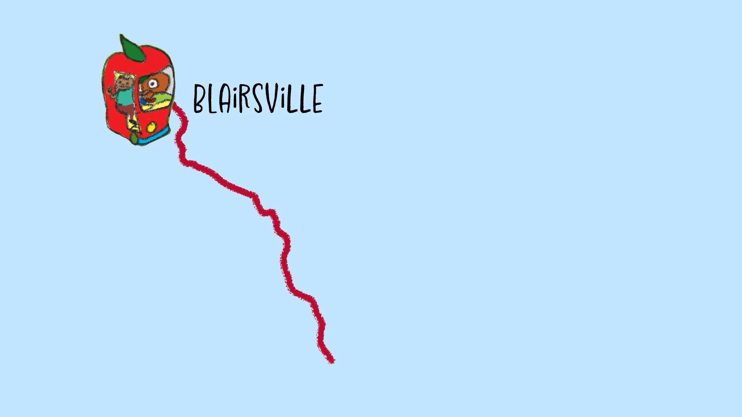 A cartoon apple-shaped car carrying passengers travels along a winding red path on a map, marking a journey between Blairsville and Winterville.