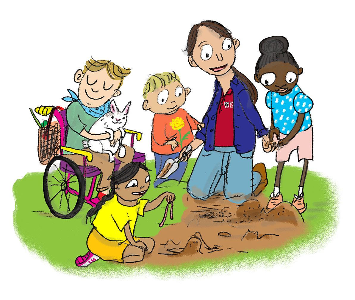 A cartoon educator kneels beside a group of diverse children exploring soil and worms, including a child in a wheelchair holding a white rabbit, as they learn together outdoors.