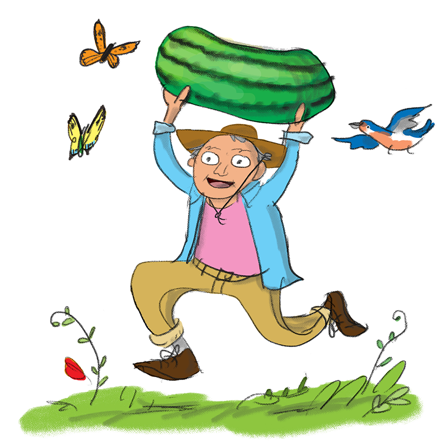 A cheerful cartoon character runs joyfully while holding a large watermelon overhead, surrounded by butterflies, a bird, and greenery.