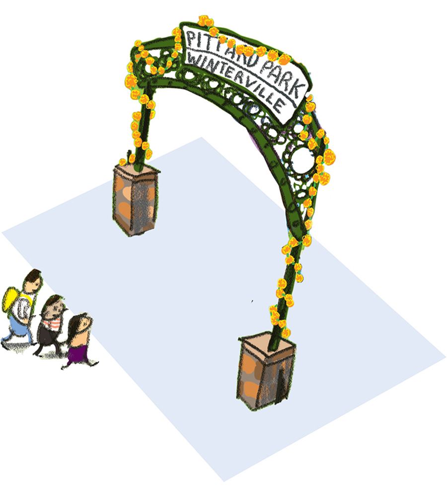 A cartoon group of people walks beneath a flower-decorated archway labeled “Pittard Park, Winterville” in an animated series of frames.         