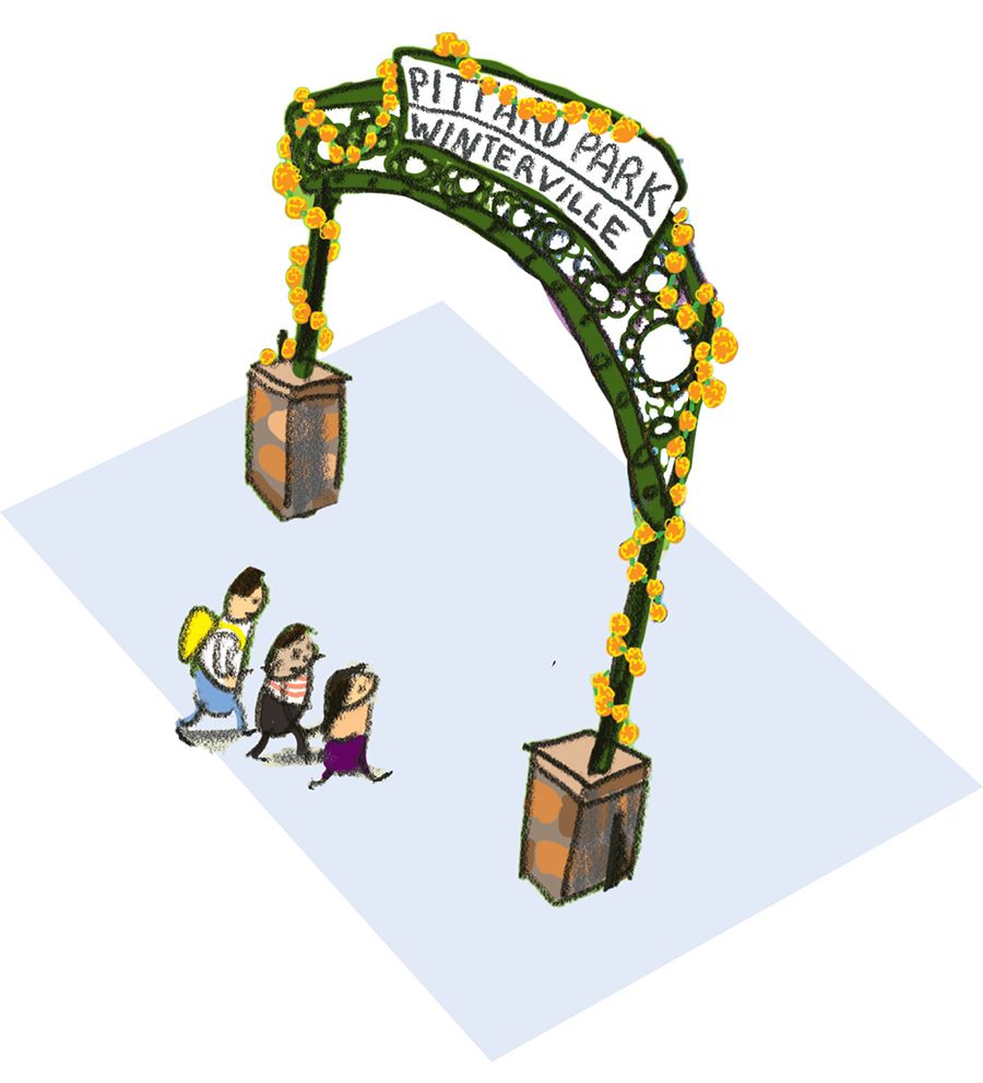 A cartoon group of people walks beneath a flower-decorated archway labeled “Pittard Park, Winterville” in an animated series of frames.         