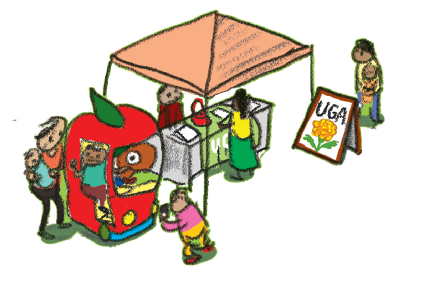 A cartoon scene shows a apple-shaped vehicle parked beside a booth under a canopy, where people interact near a table with a “UGA” sign featuring a marigold flower.
