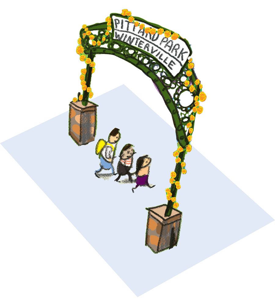A cartoon group of people walks beneath a flower-decorated archway labeled “Pittard Park, Winterville” in an animated series of frames.         