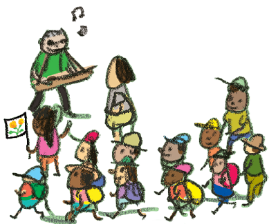 A cartoon group of children and adults walk together, following a musician playing a dulcomer, with music notes in the air and a bright yellow background.