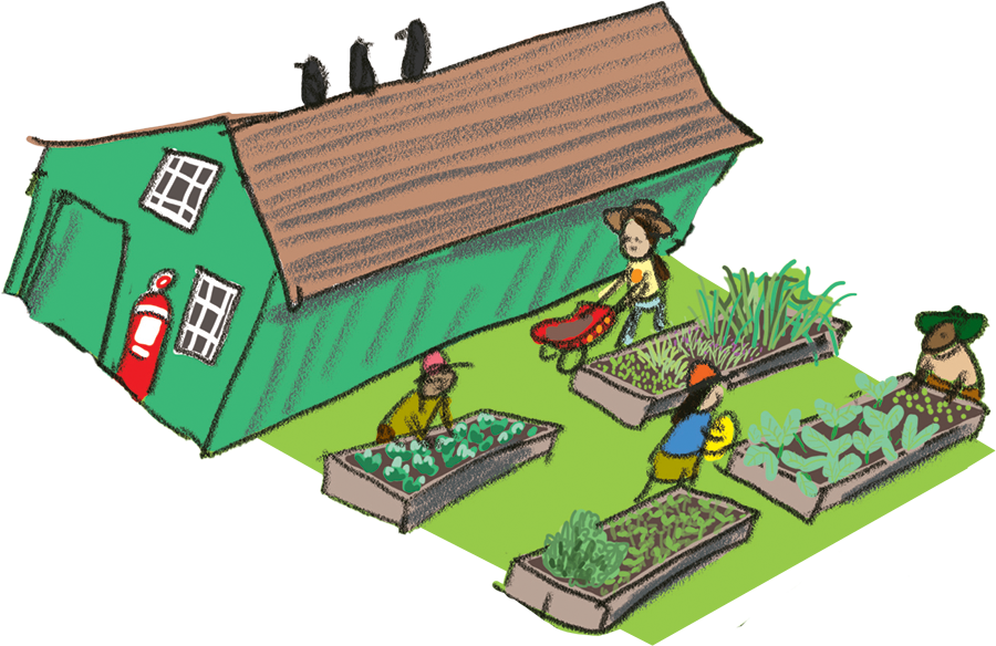 A cartoon illustration shows people gardening in raised beds outside a green shed with three black birds perched on the roof.