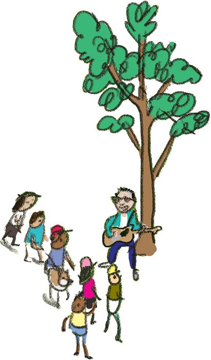 A cartoon musician sits under a tree playing guitar while a group of children and adults gather around to listen.