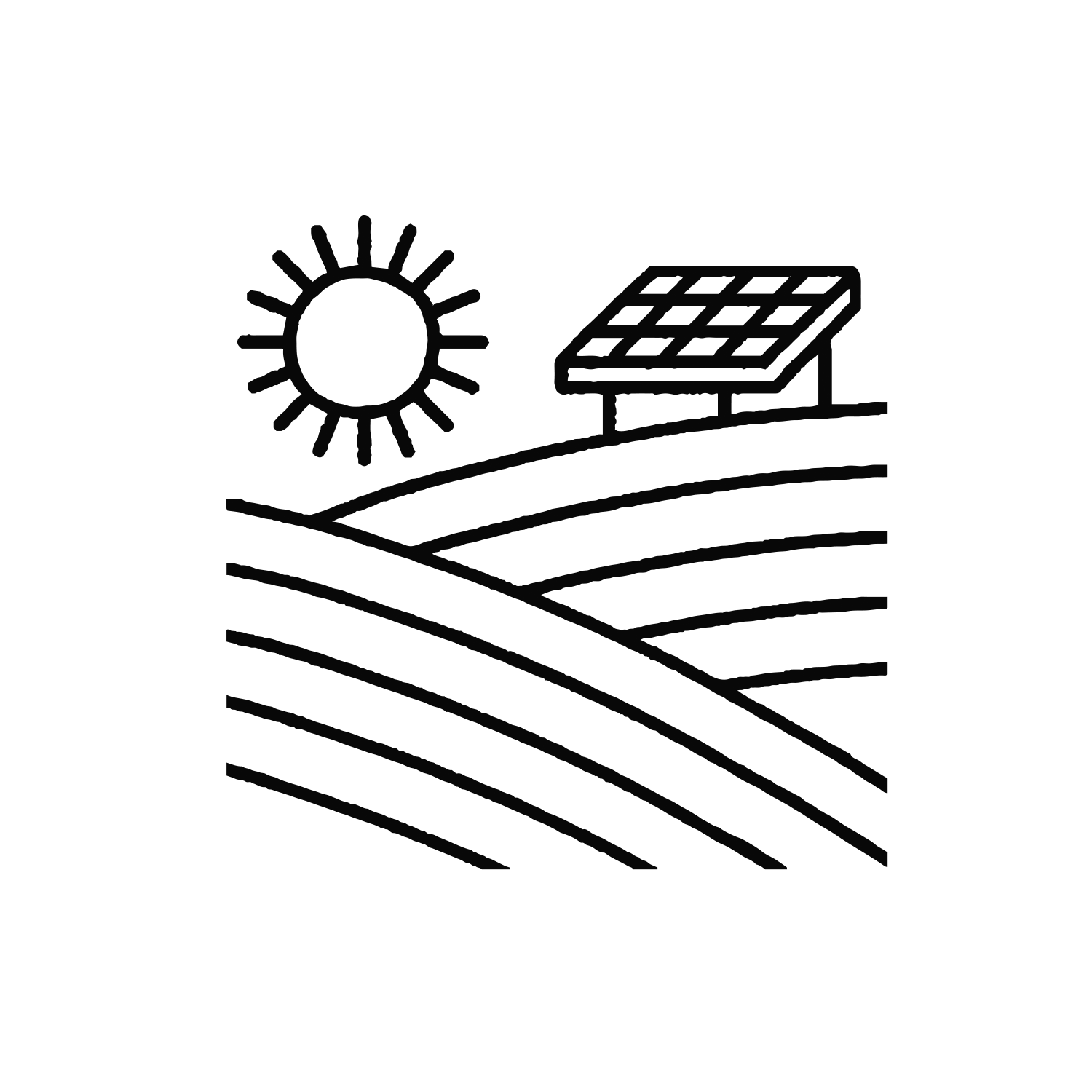 Line drawing of a sun, solar panels, and row crops to represent sustainable agriculture
