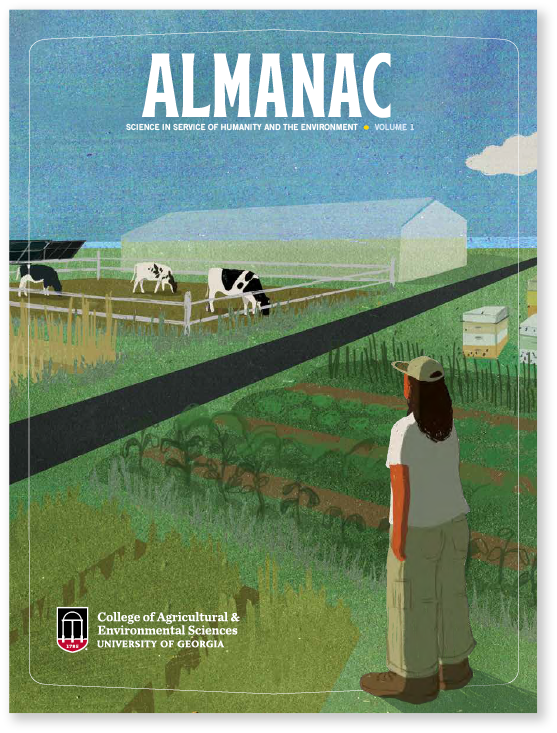 Illustrated magazine cover featuring a farmer gazing at fields, a greenhouse and cows