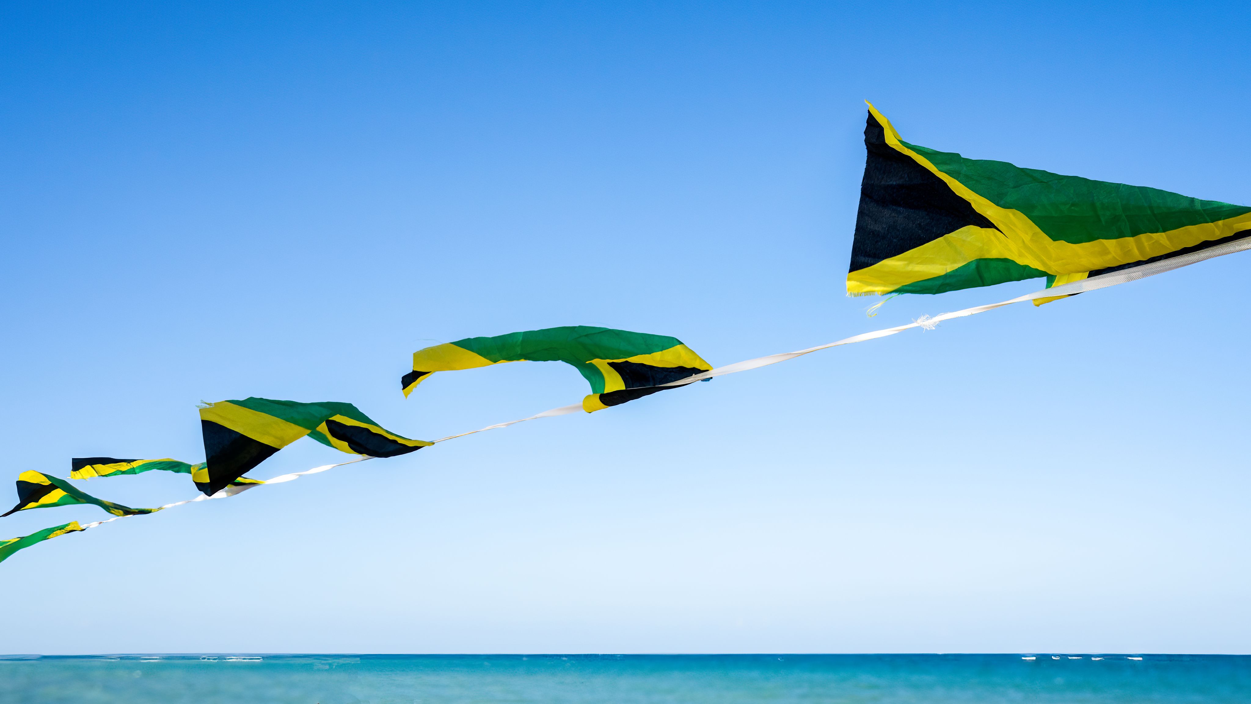 Jamaican flag flying on a rope in a tropical setting
