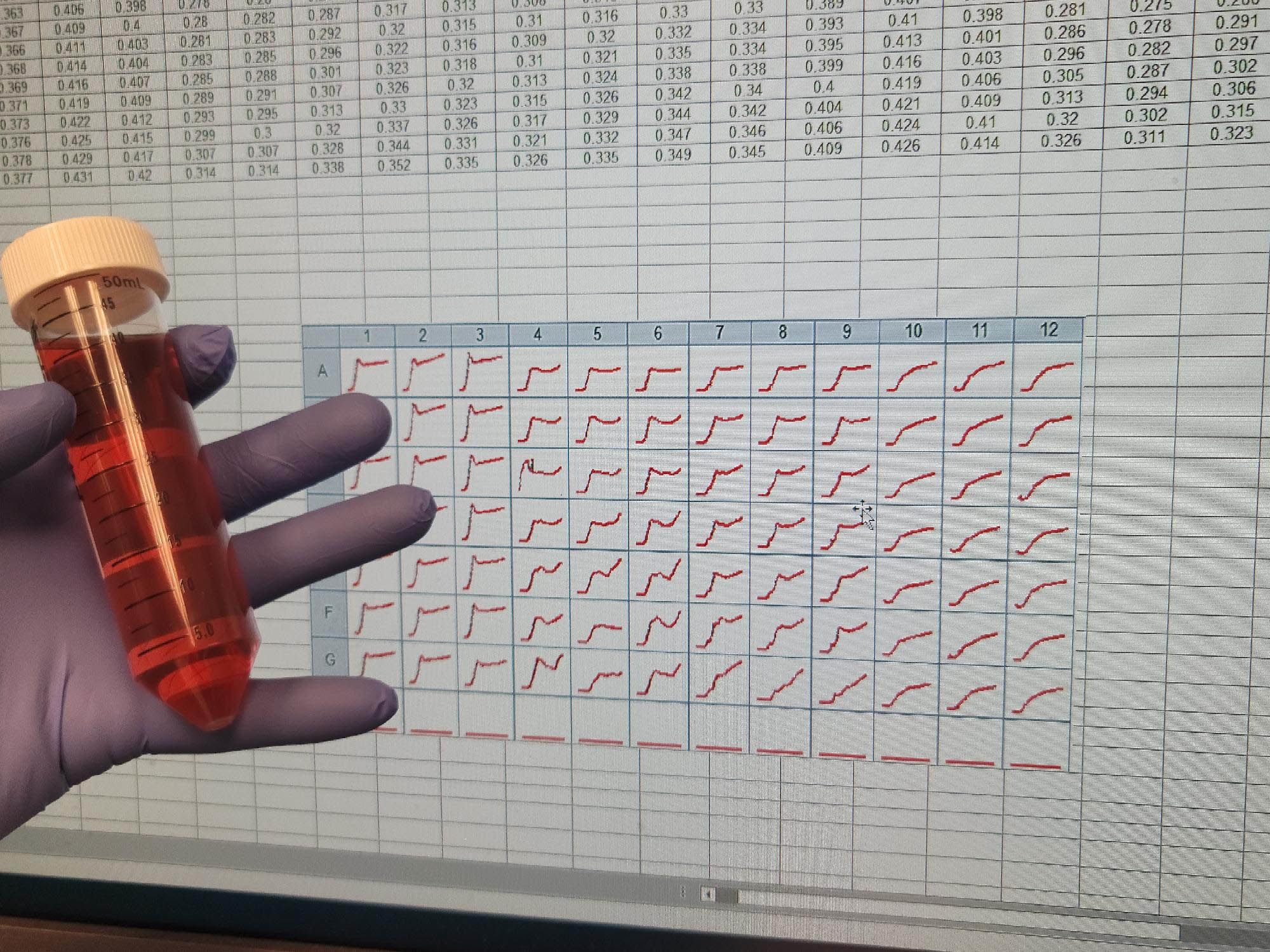 Close-up of hand holding vial of roselle in front of screen displaying data