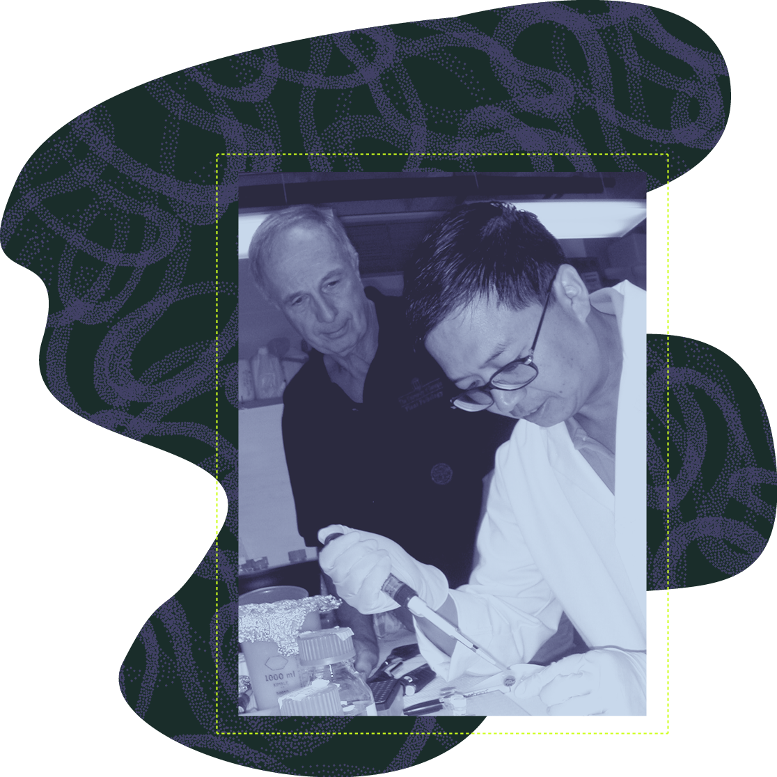 Guozhong Huang holds a pipette to a petri dish in a lab beside Richard Hussey