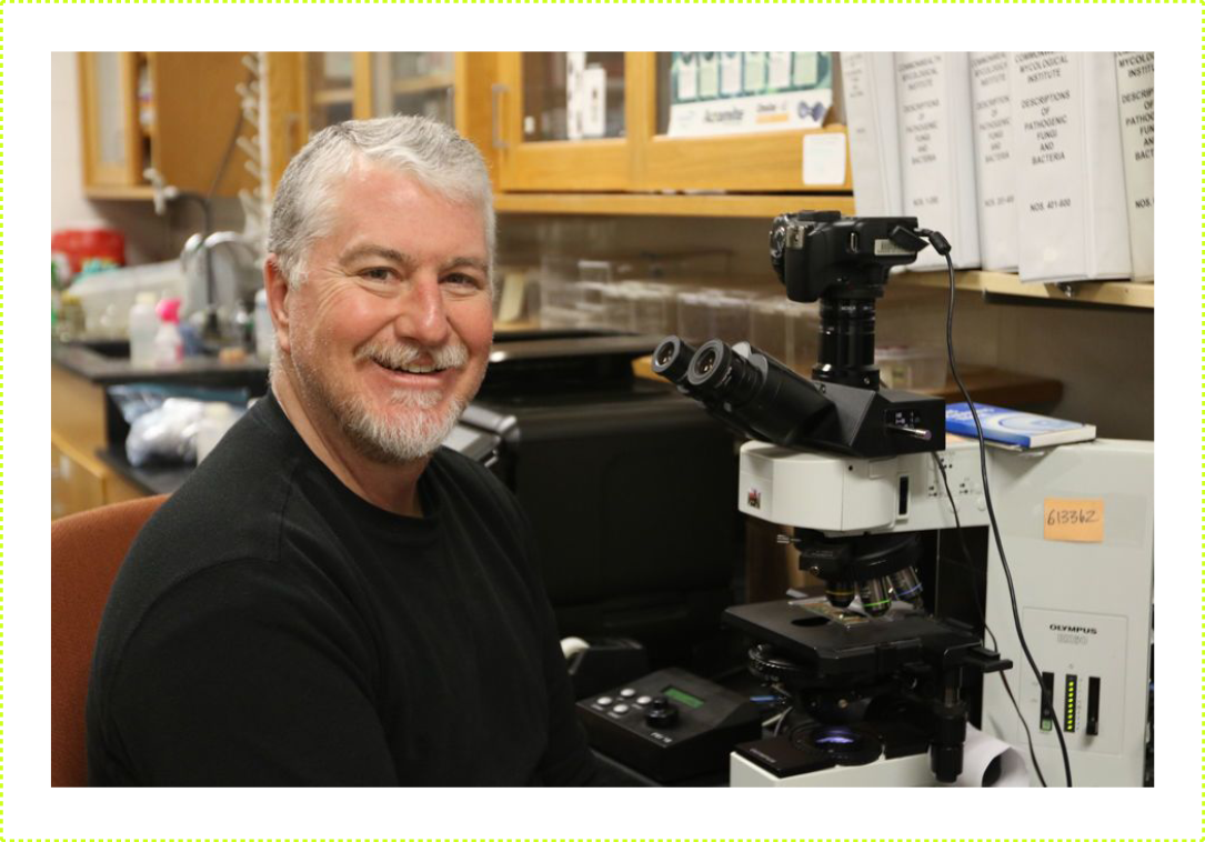 Phillip Brannen sits at a microscope