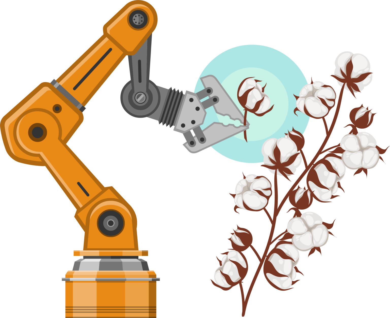 Illustration of a robotic arm harvesting cotton
