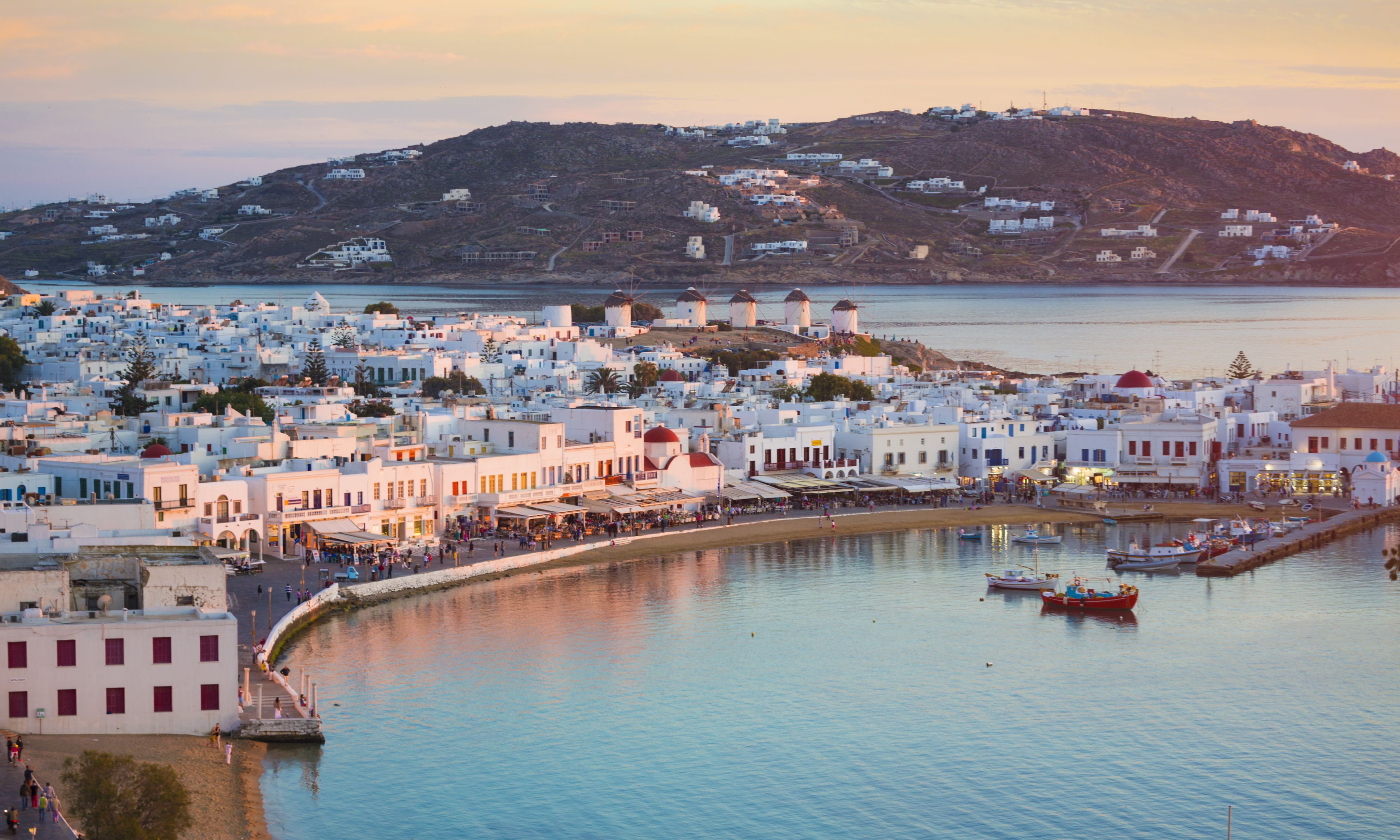 Mykonos, Greece, from above during sunset