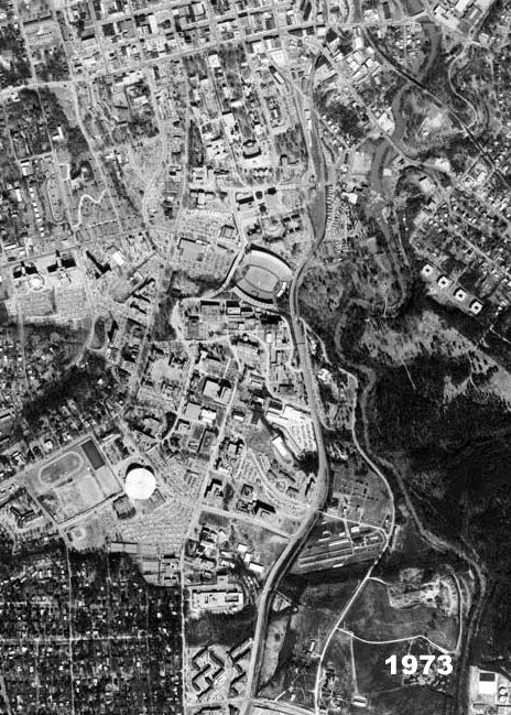 Aerial view of the University of Georgia's Athens campus in 1973