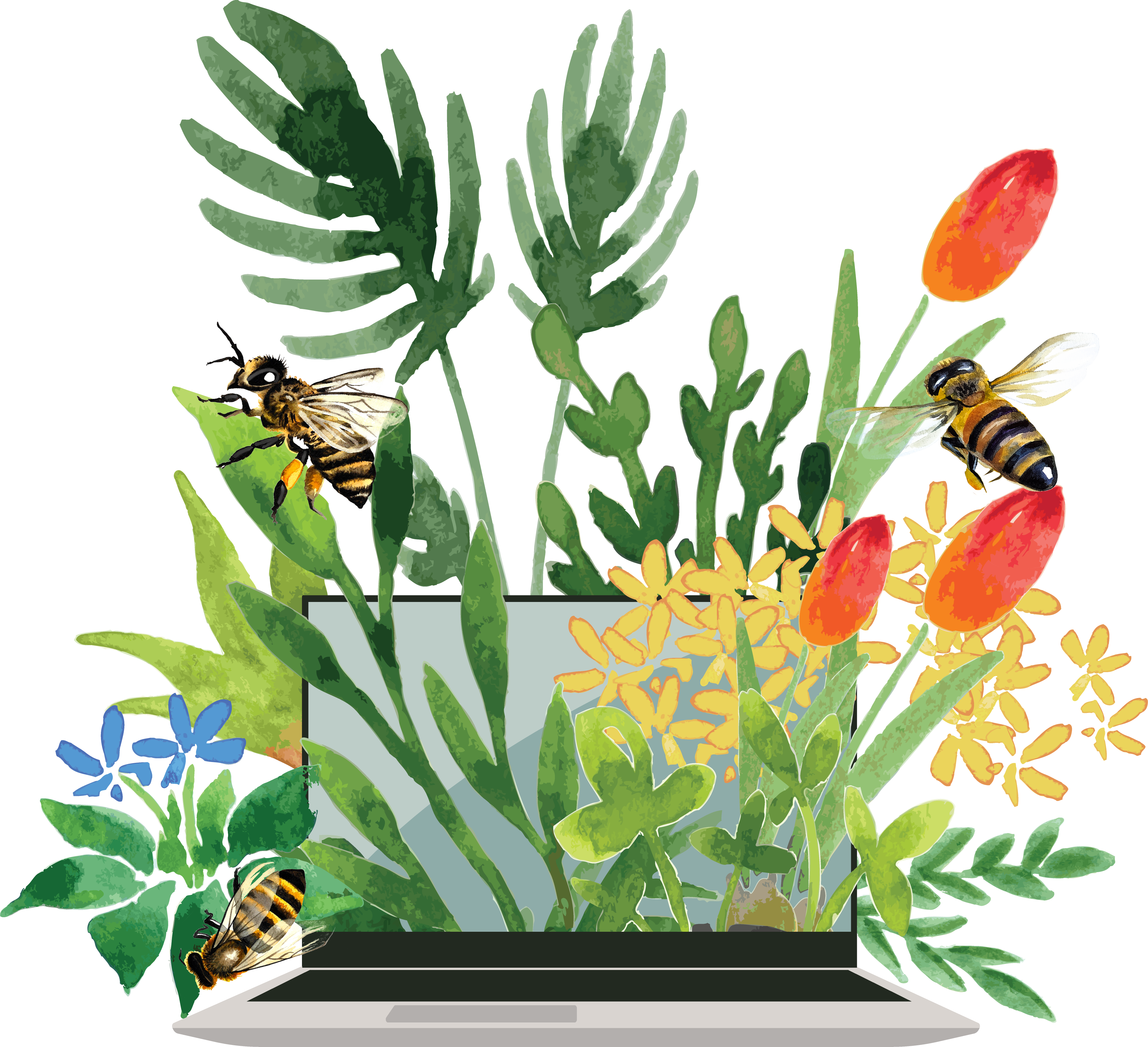 laptop with plants and bees growing out of it