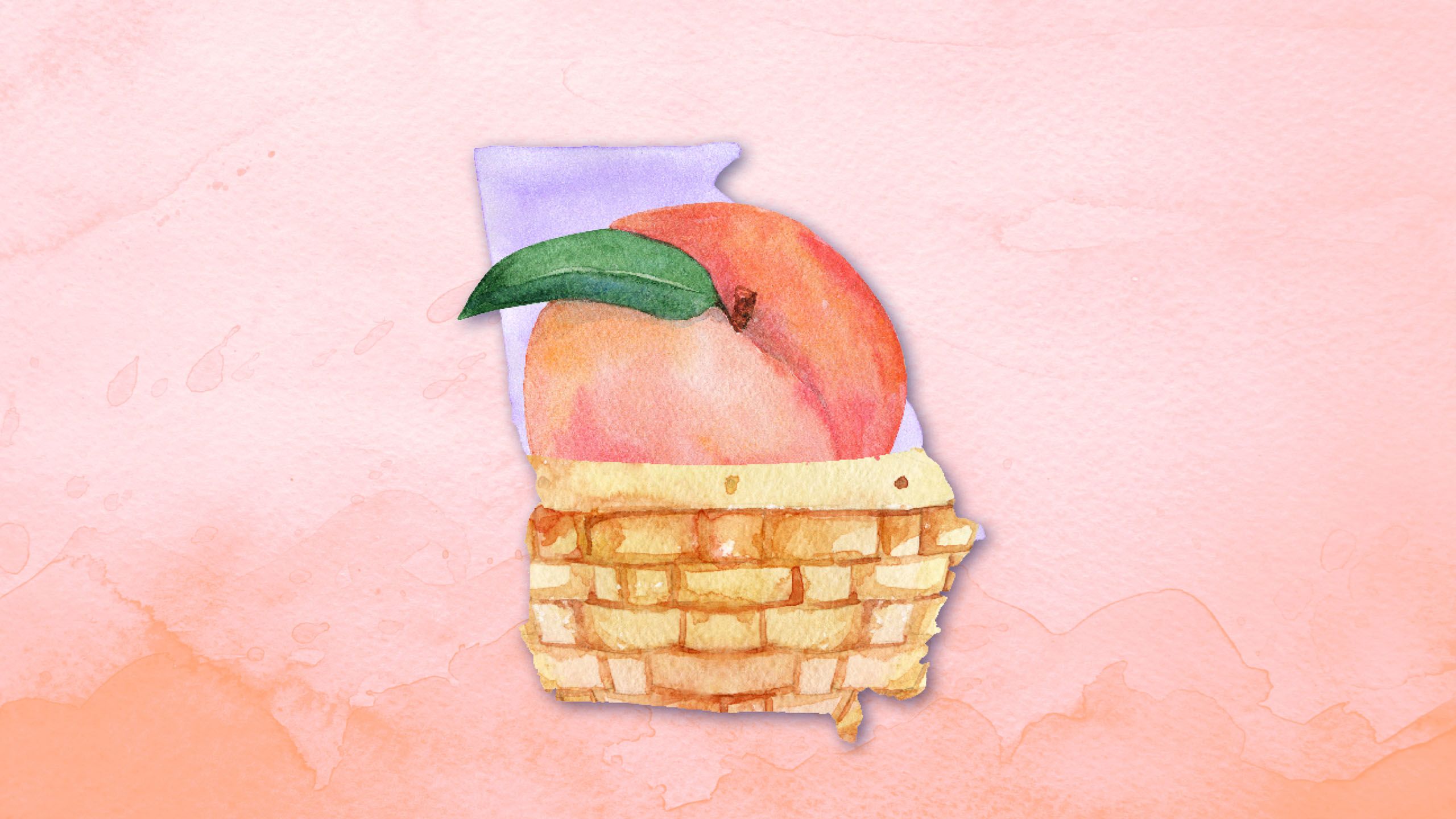 A peach in a basket shaped like the state of Georgia