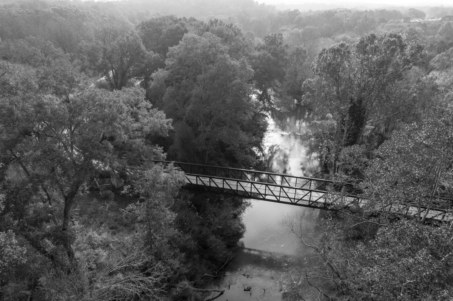 Overhead view of the Oconee River Greenway pedestrian bridge on South Campus in black and white