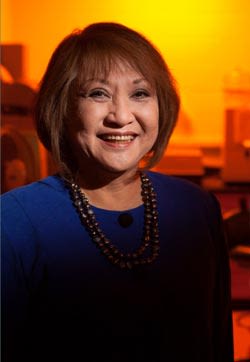 Anna Resurrecion wears a structured blue top with a chunky necklace in front of a glowing orange background