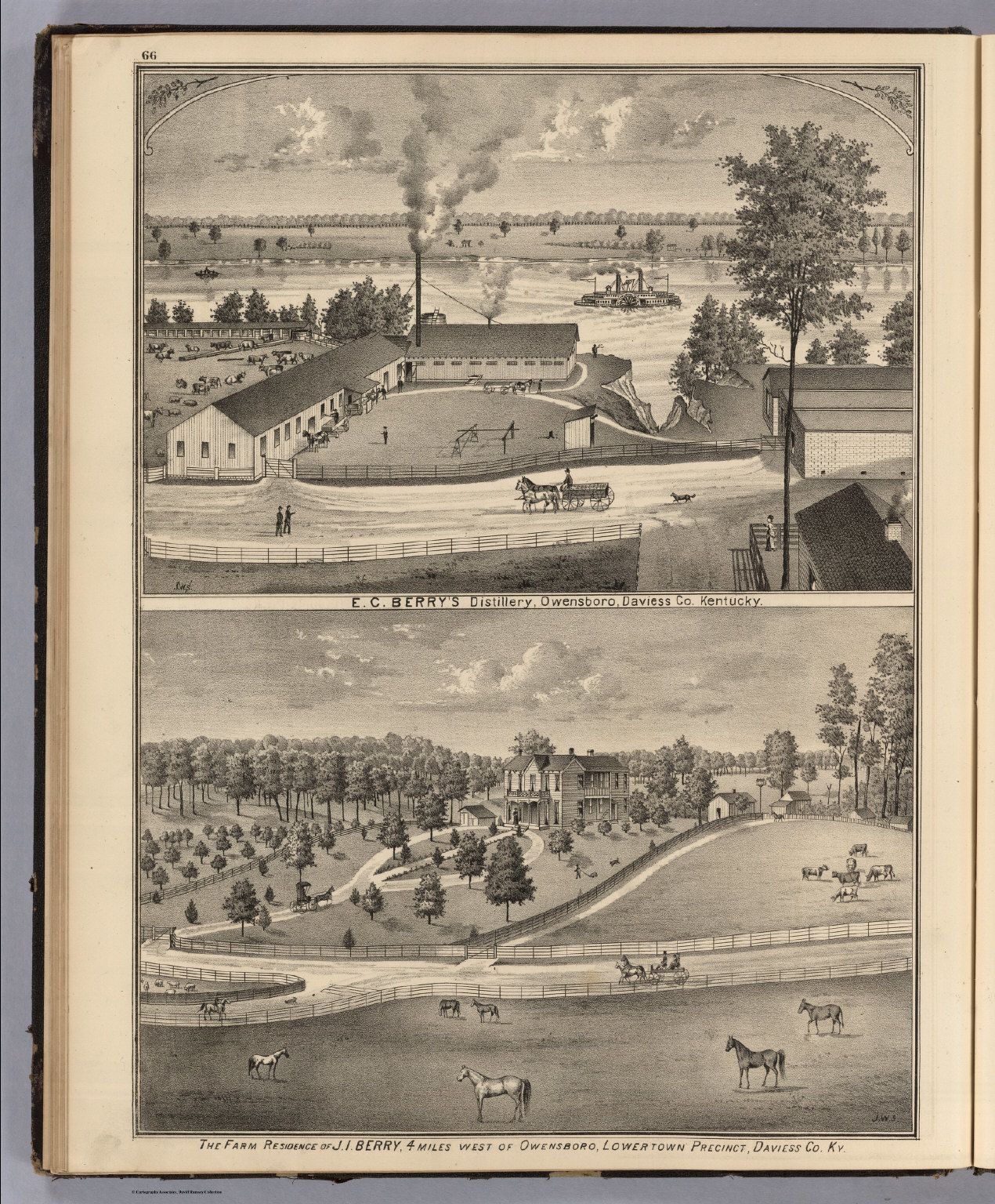Image of an atlas page depicting E.C. Berry Distillery in Owensboro, Kentucky, circa 1874