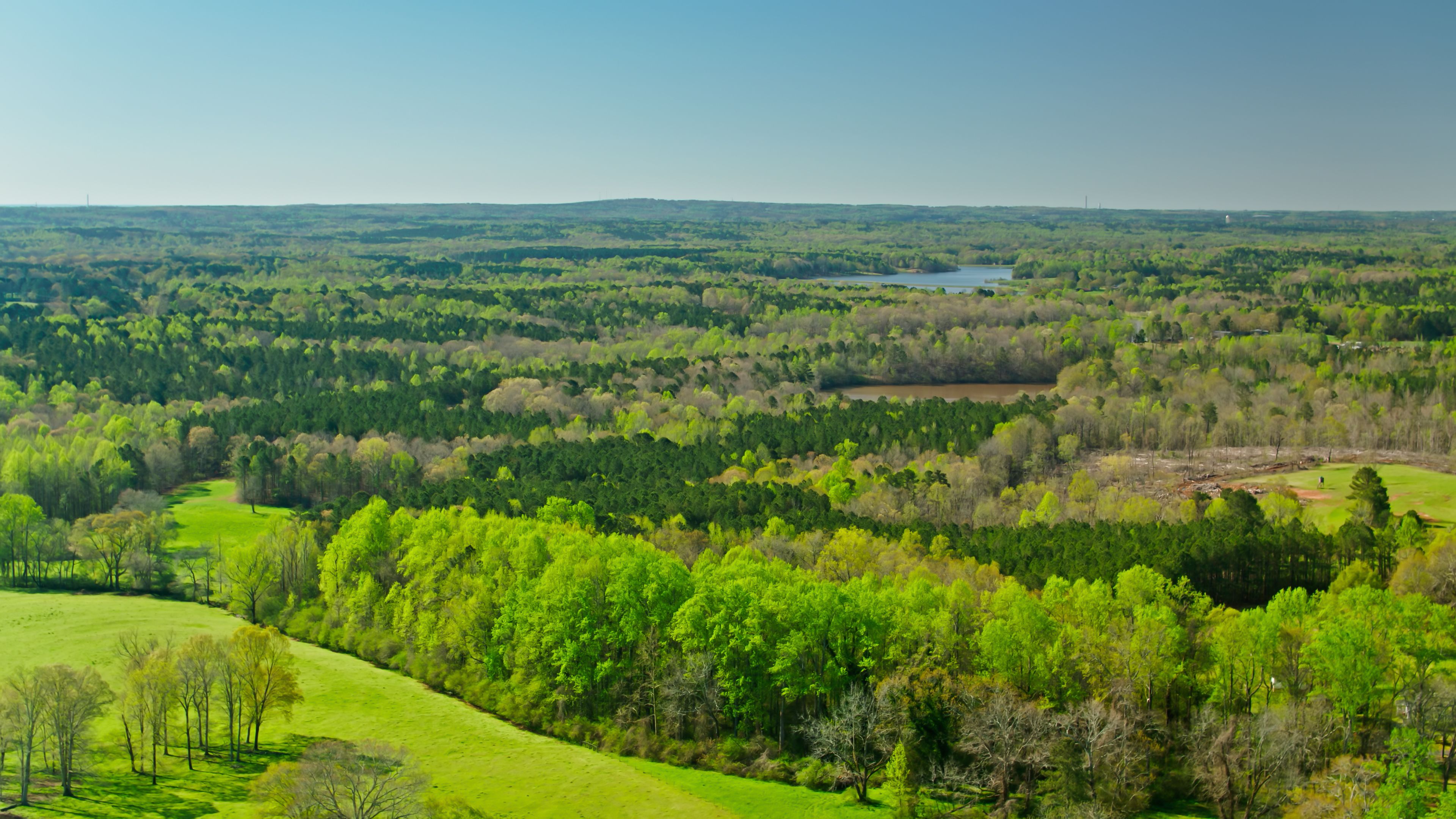 Aerial shot of scenery near Center Point, Georgia on a clear sunny day. Center Point is an unincorporated community in Carroll County, just outside Temple, Georgia