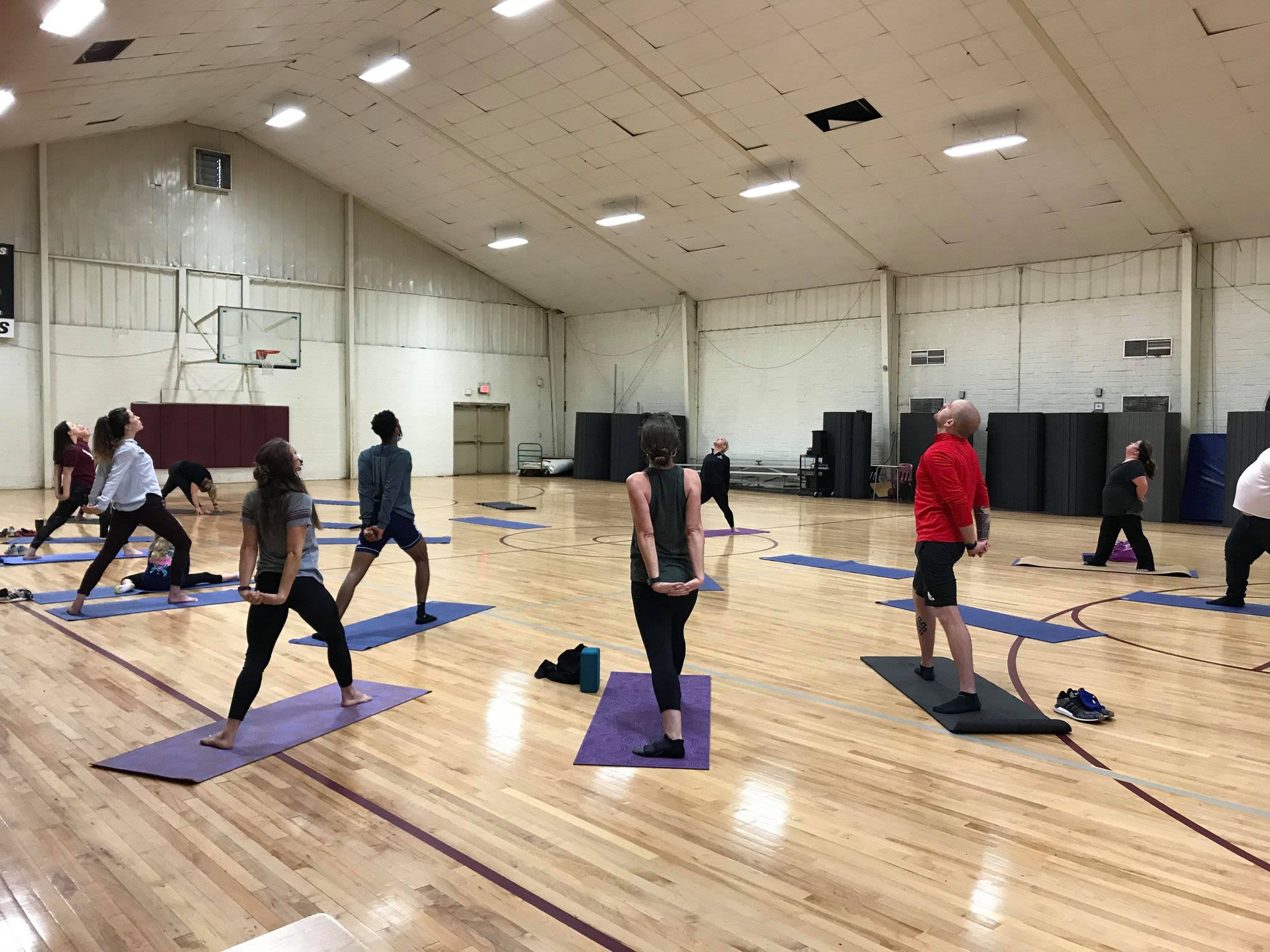 Presnal teaches a yoga class in a local gym