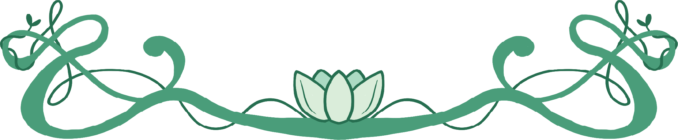 Illustration of a decorative green vine with swirling tendrils and small leaves, centered with a light green lotus flower.
